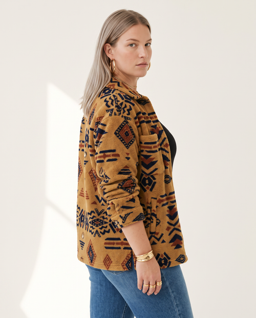 Aztec Shirt Jacket — three-quarter view, on a soft off-white studio backdrop