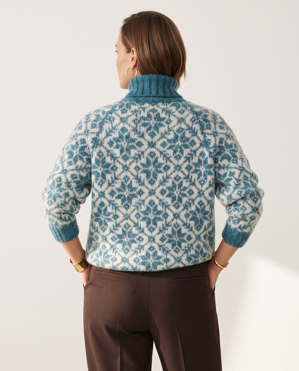 Damask Roll Neck — back view, on a soft off-white studio backdrop