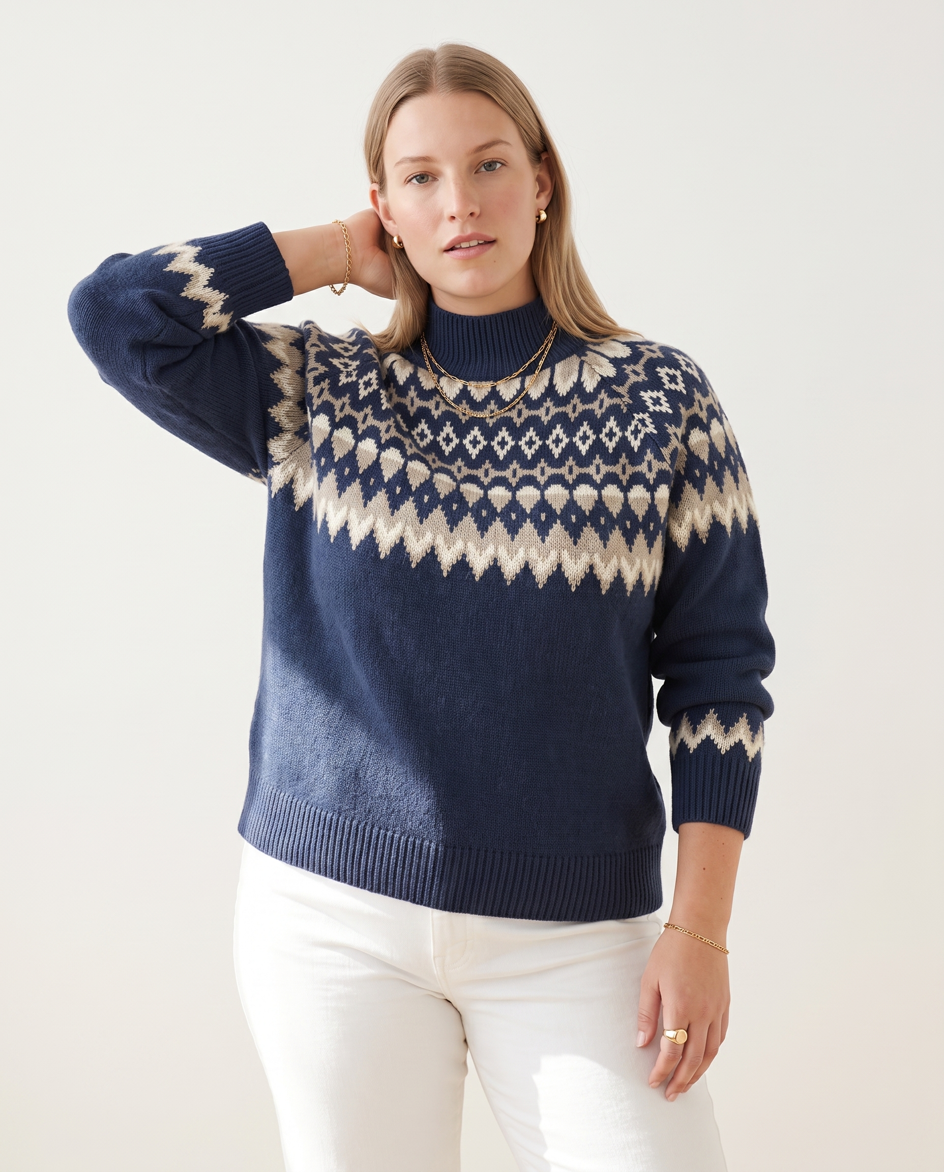 Nordic Diamond Sweater, on a soft off-white studio backdrop