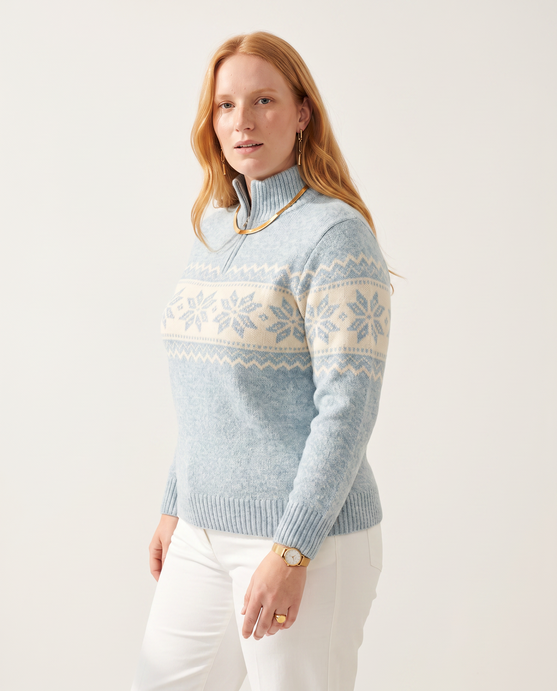 Snowdrift Half-Neck Sweater — three-quarter view, on a soft off-white studio backdrop