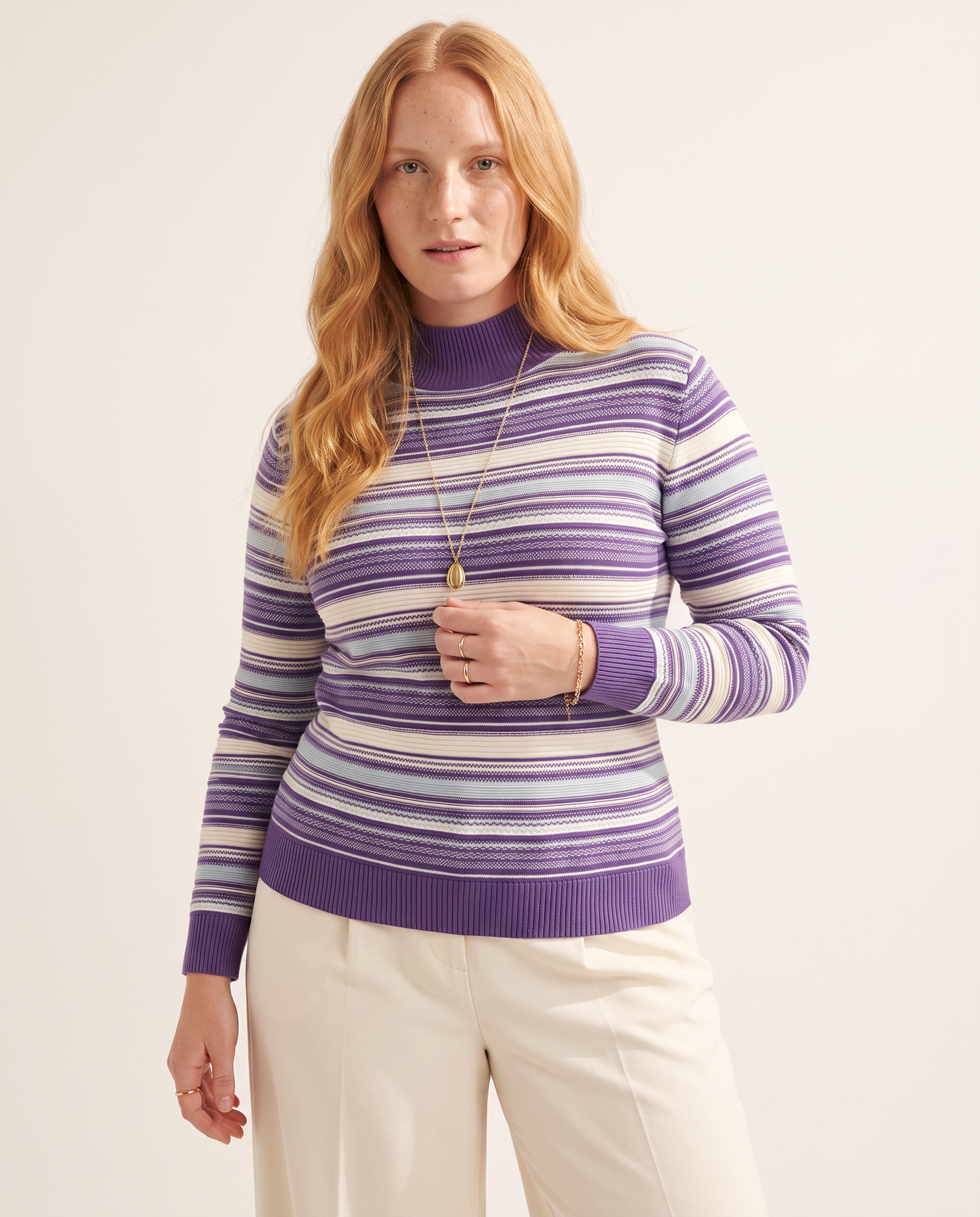 Rib Stripe Mock Neck, on a soft off-white studio backdrop
