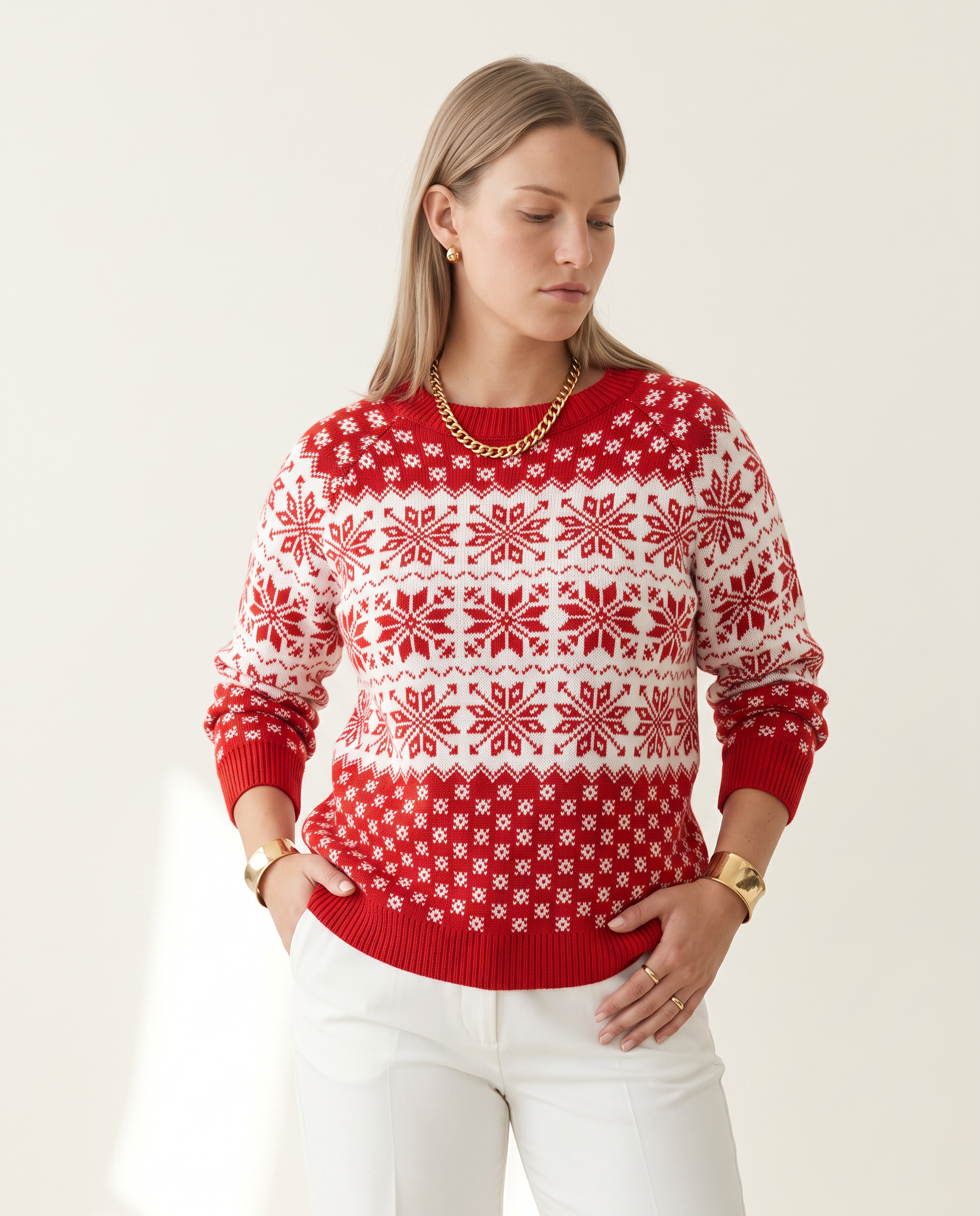 Snowflake Sweater, on a soft off-white studio backdrop