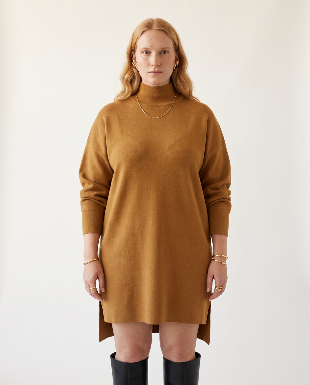 Split Hem Turtleneck Dress, on a soft off-white studio backdrop