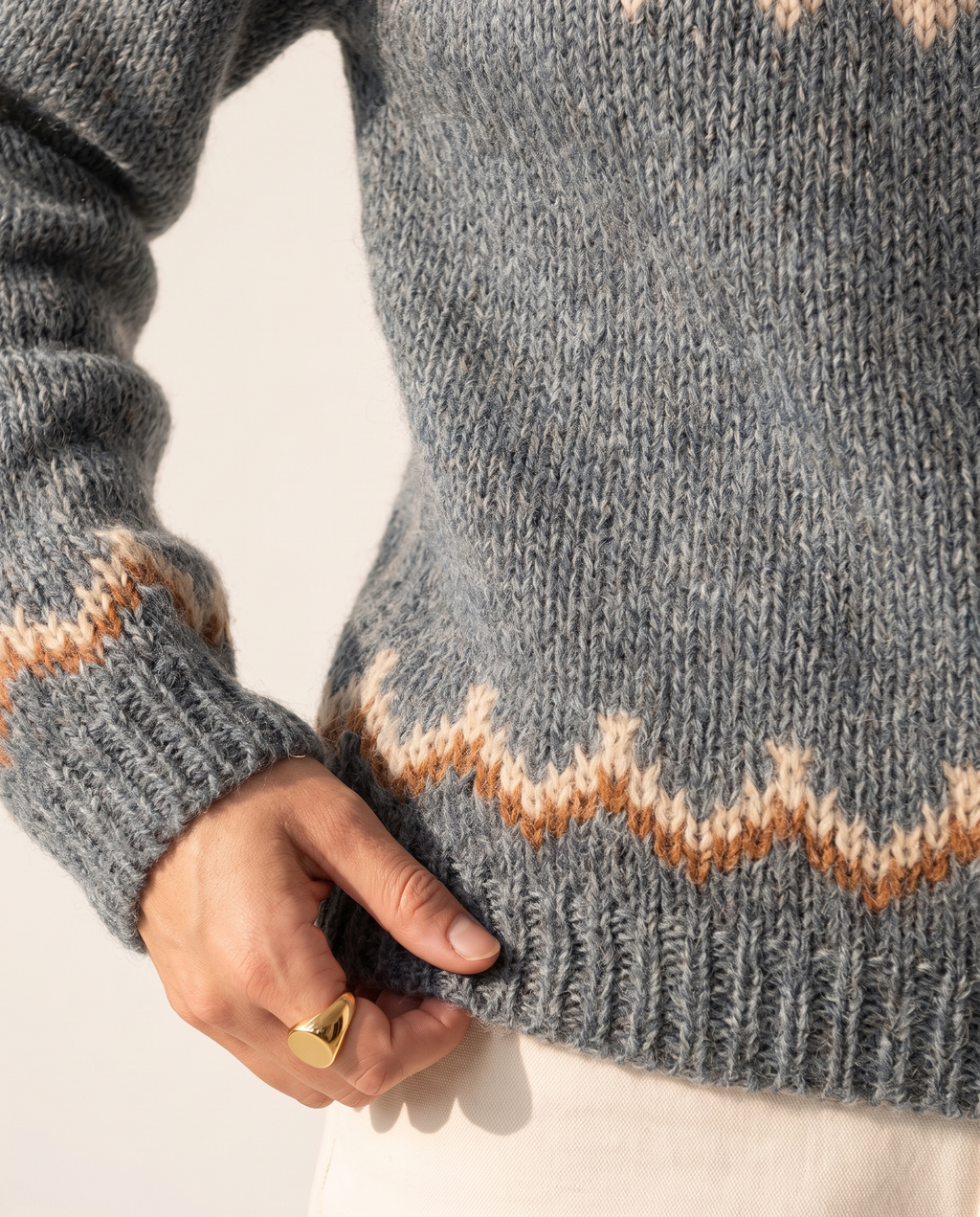 Fair Isle Yoke Sweater — knit detail, on a soft off-white studio backdrop