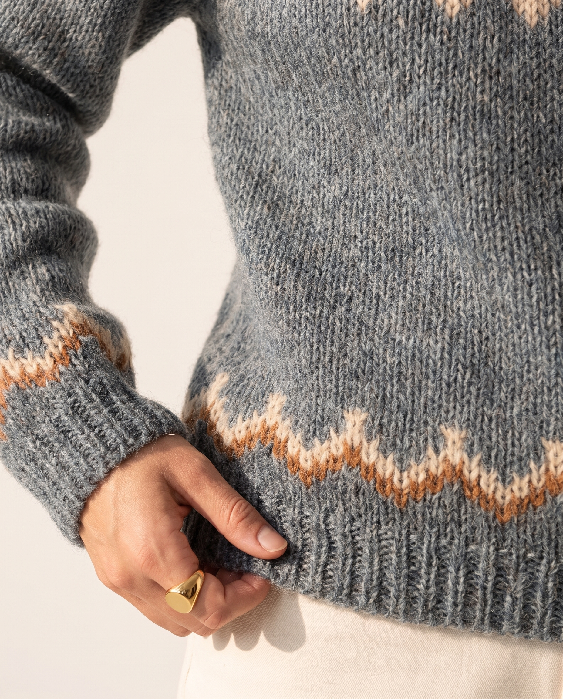 Fair Isle Yoke Sweater — knit detail, on a soft off-white studio backdrop
