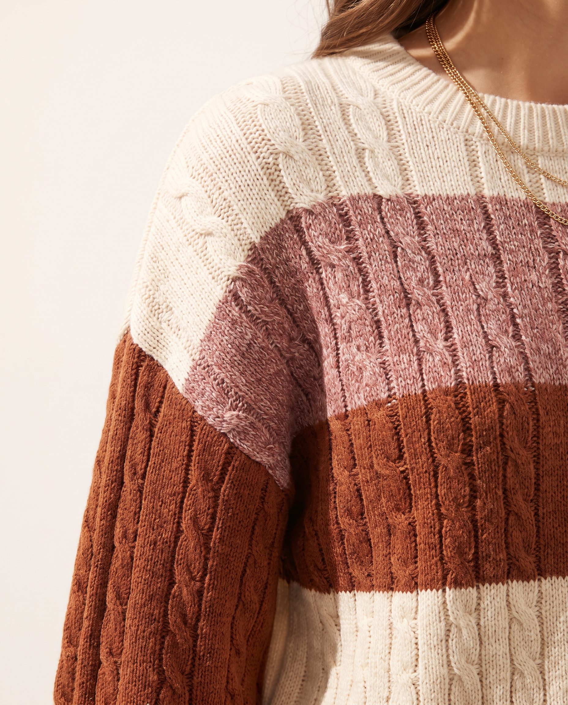 Rose Colourblock Sweater — knit detail, on a soft off-white studio backdrop