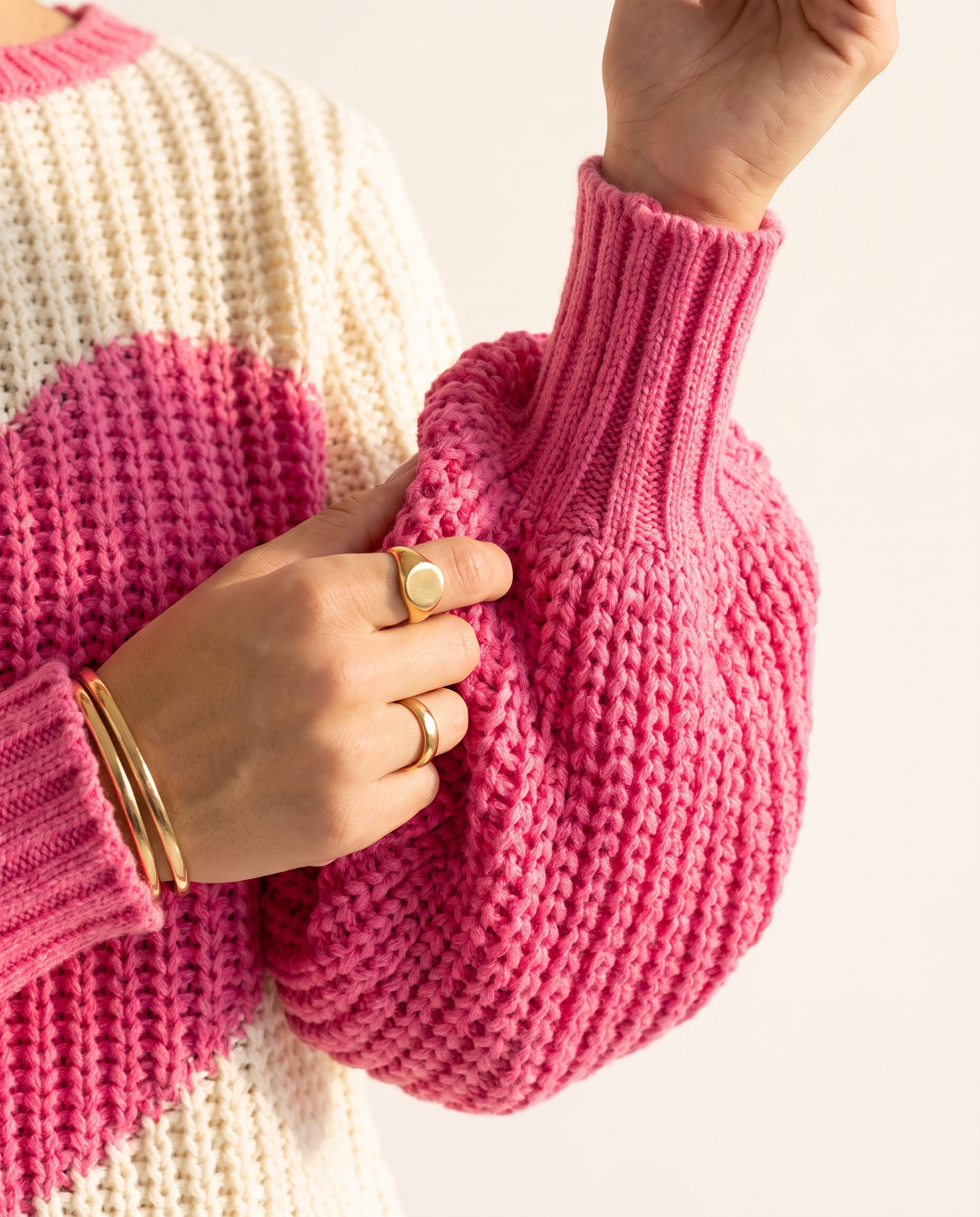 Heart Colourblock Sweater — knit detail, on a soft off-white studio backdrop