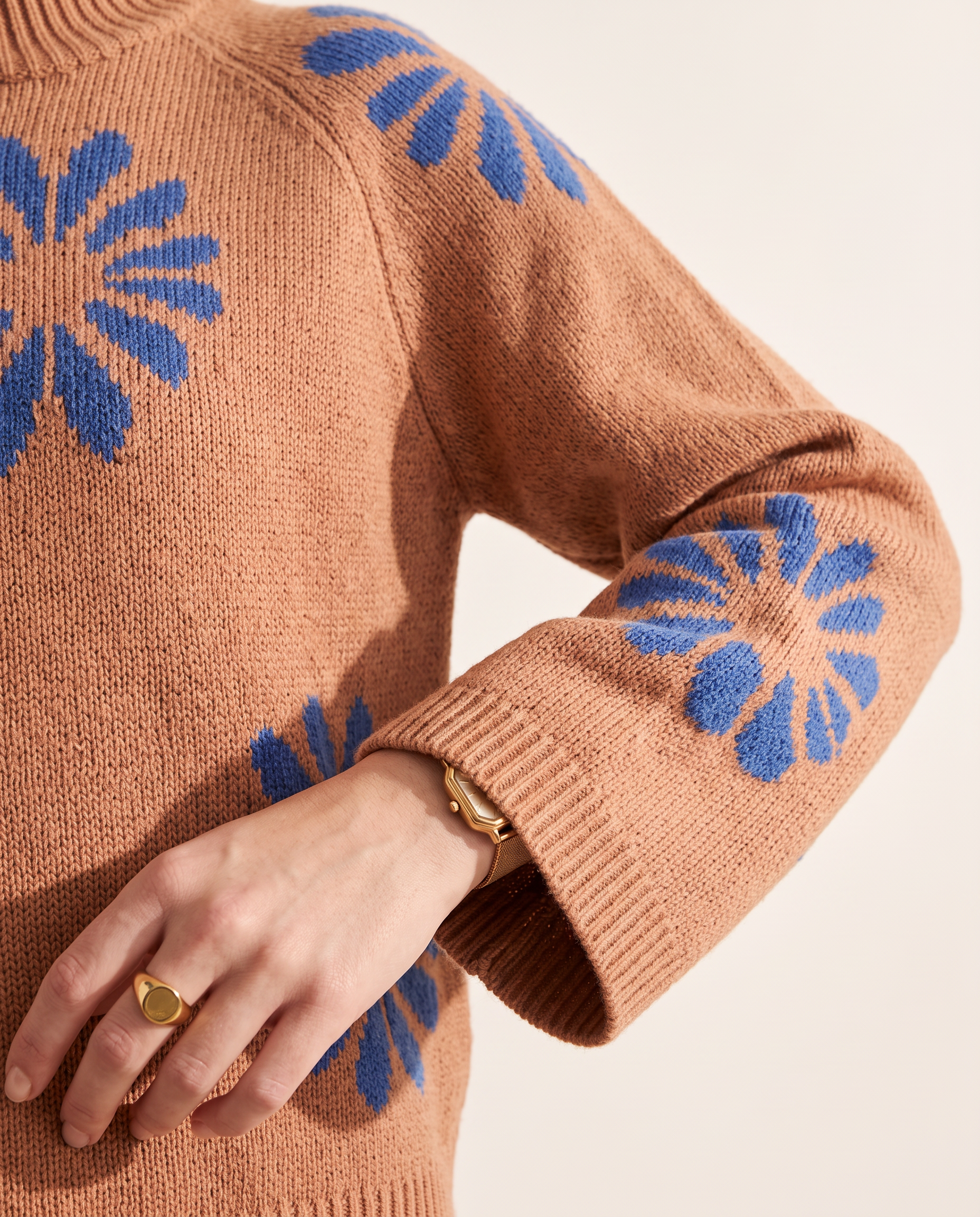 Daisy Knit Sweater — knit detail, on a soft off-white studio backdrop