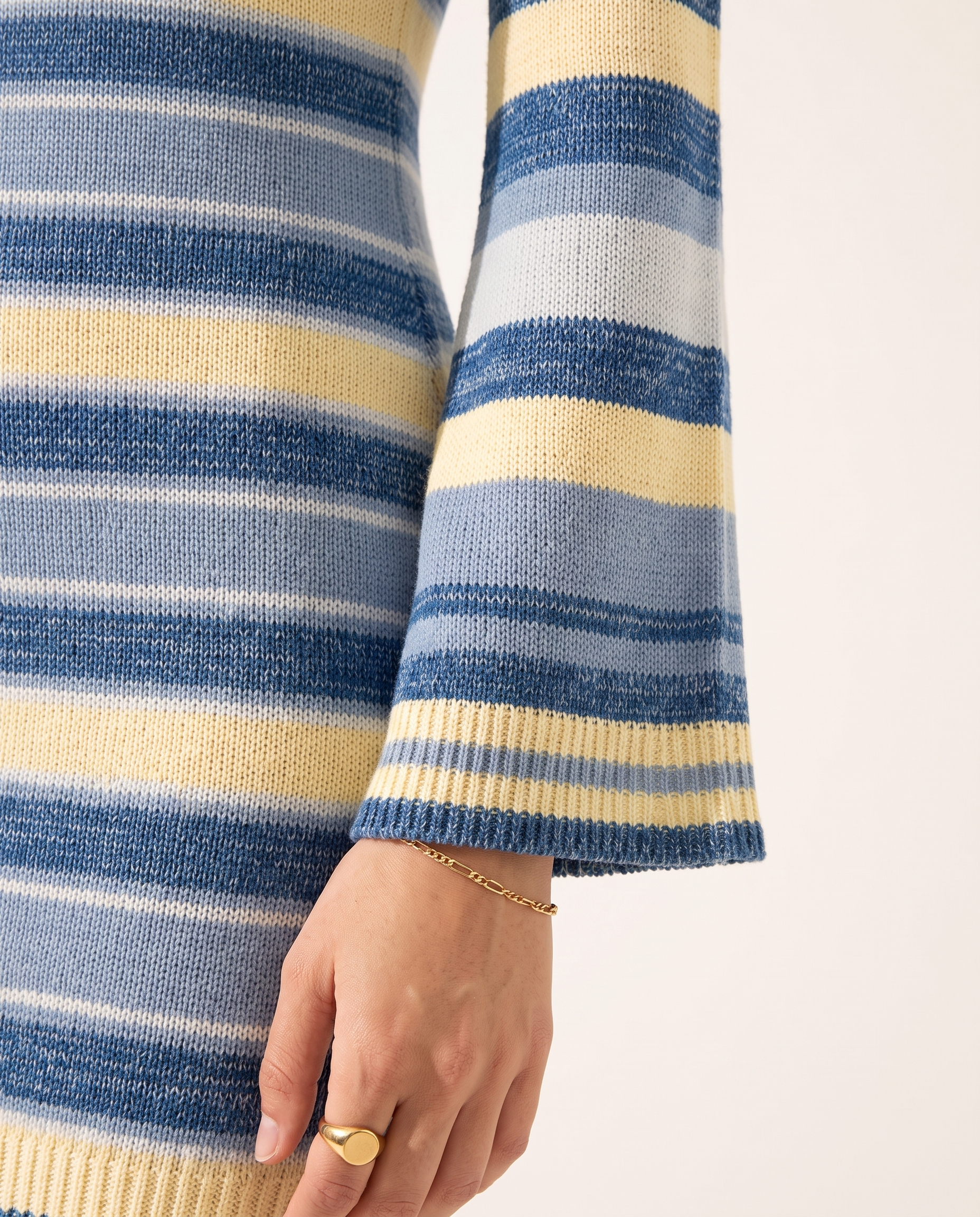 Bell Sleeve Knit Dress — knit detail, on a soft off-white studio backdrop