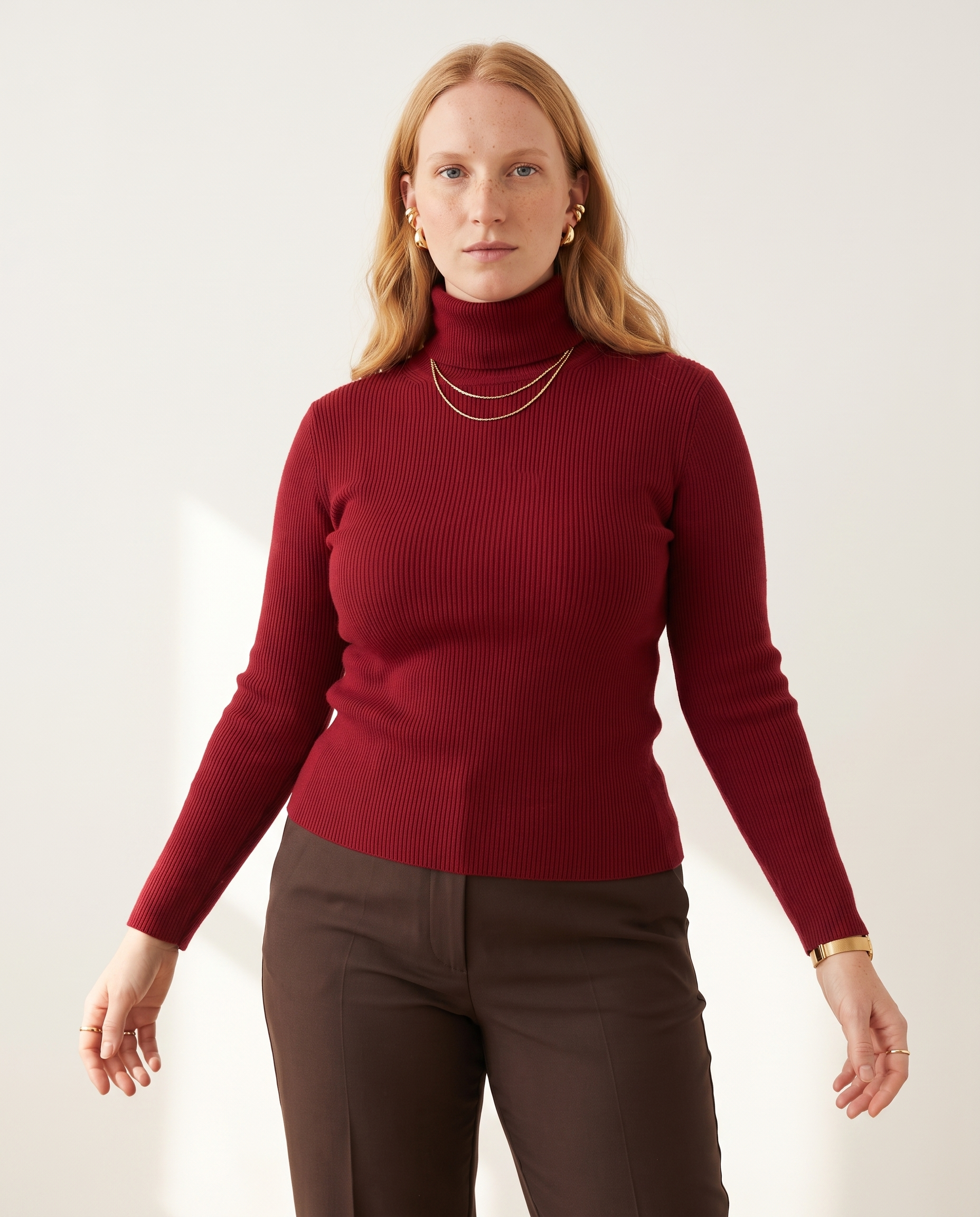 Knit & Loom Fine Rib Roll Neck in Wine Red