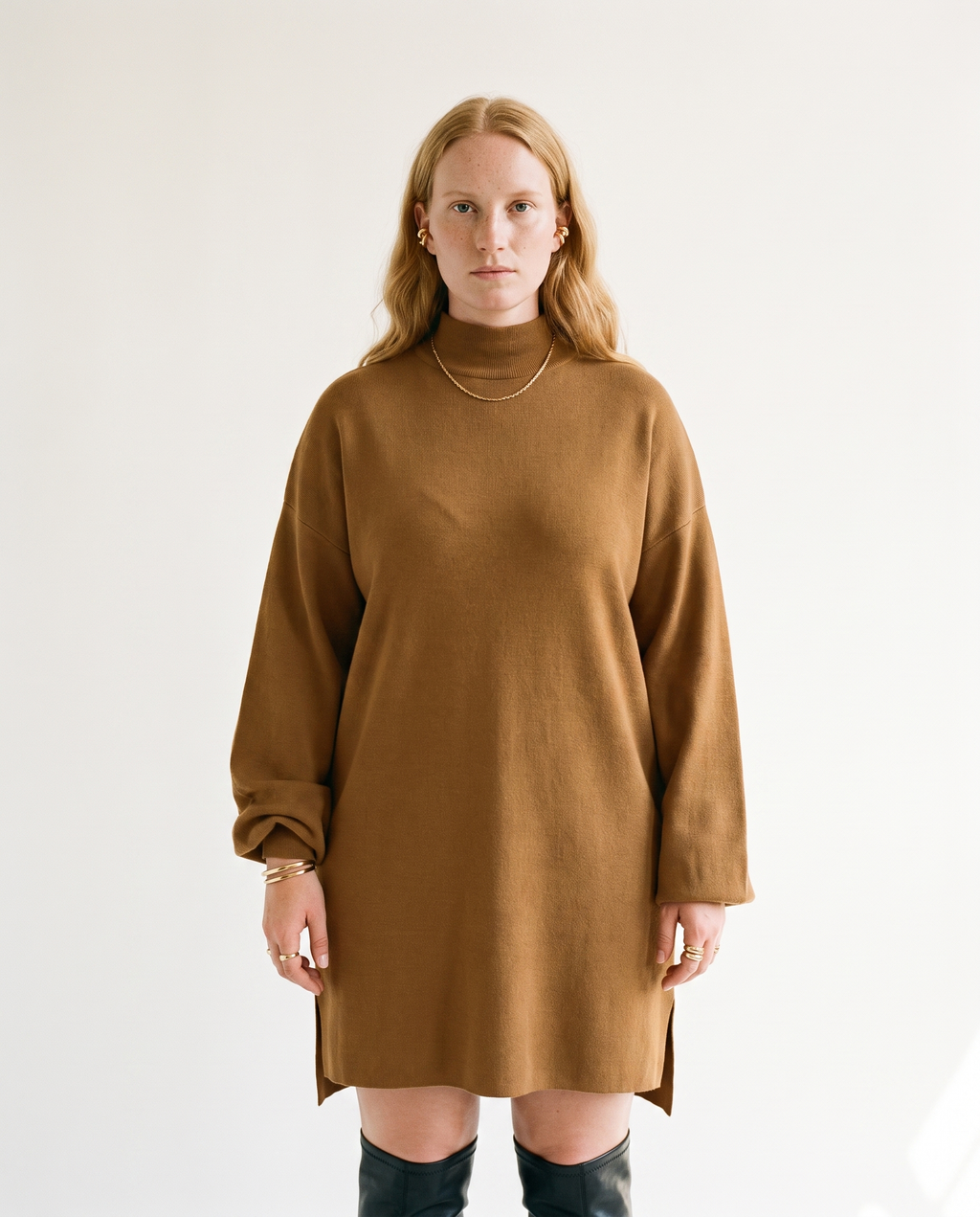 Knit & Loom Split Hem Turtleneck Dress in Brown
