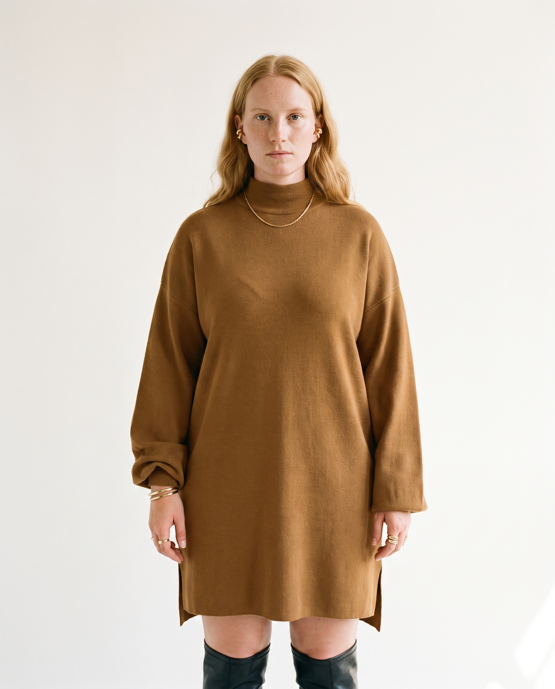 Knit & Loom Split Hem Turtleneck Dress in Brown