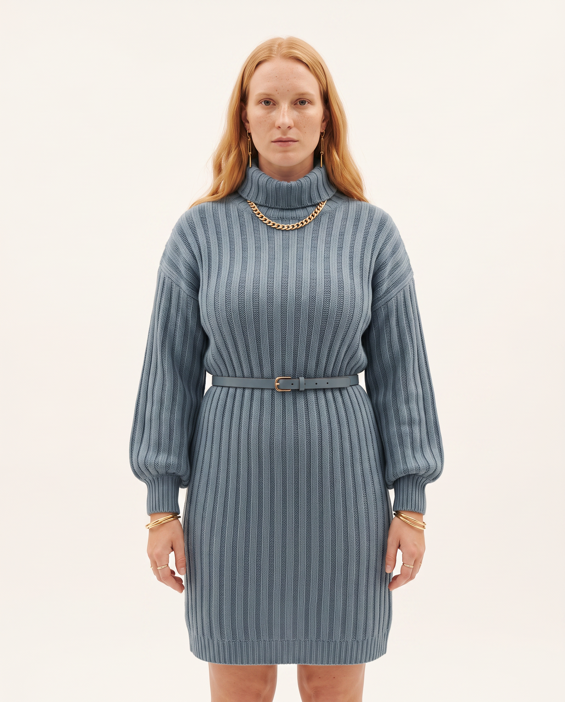 Knit & Loom Belted Rib Knit Dress in Blue