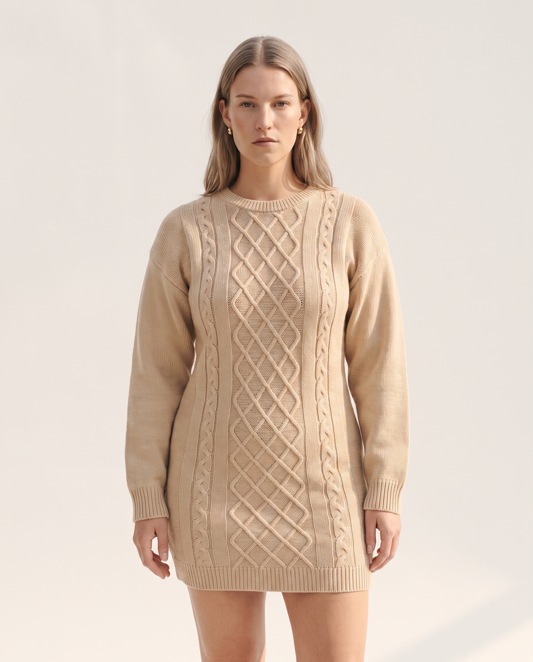 Knit & Loom Cable Knit Mini Dress in Beige