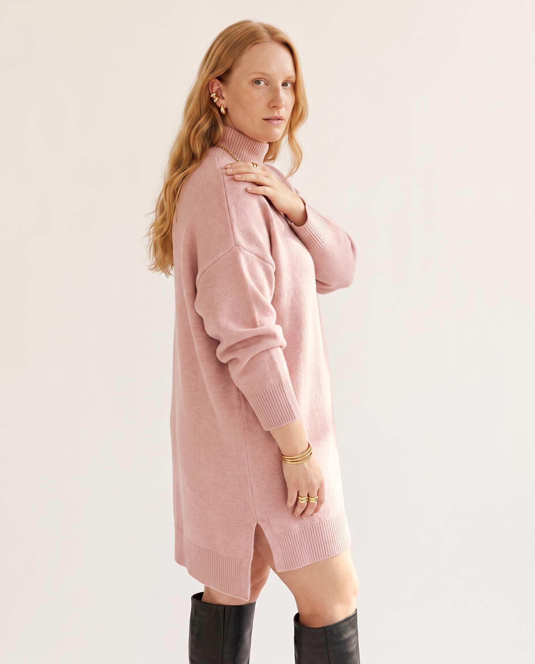 Knit & Loom Split Hem Turtleneck Dress in Pink