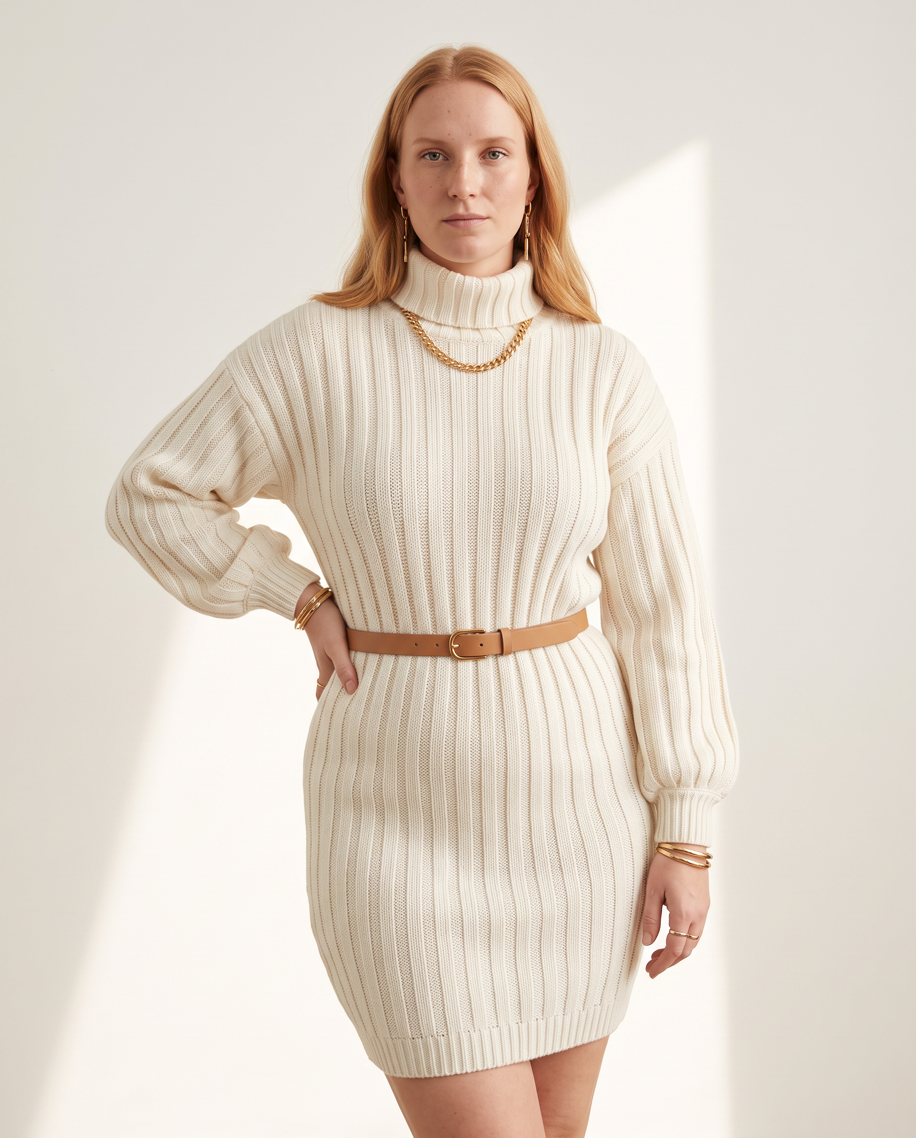 Knit & Loom Belted Rib Knit Dress in White