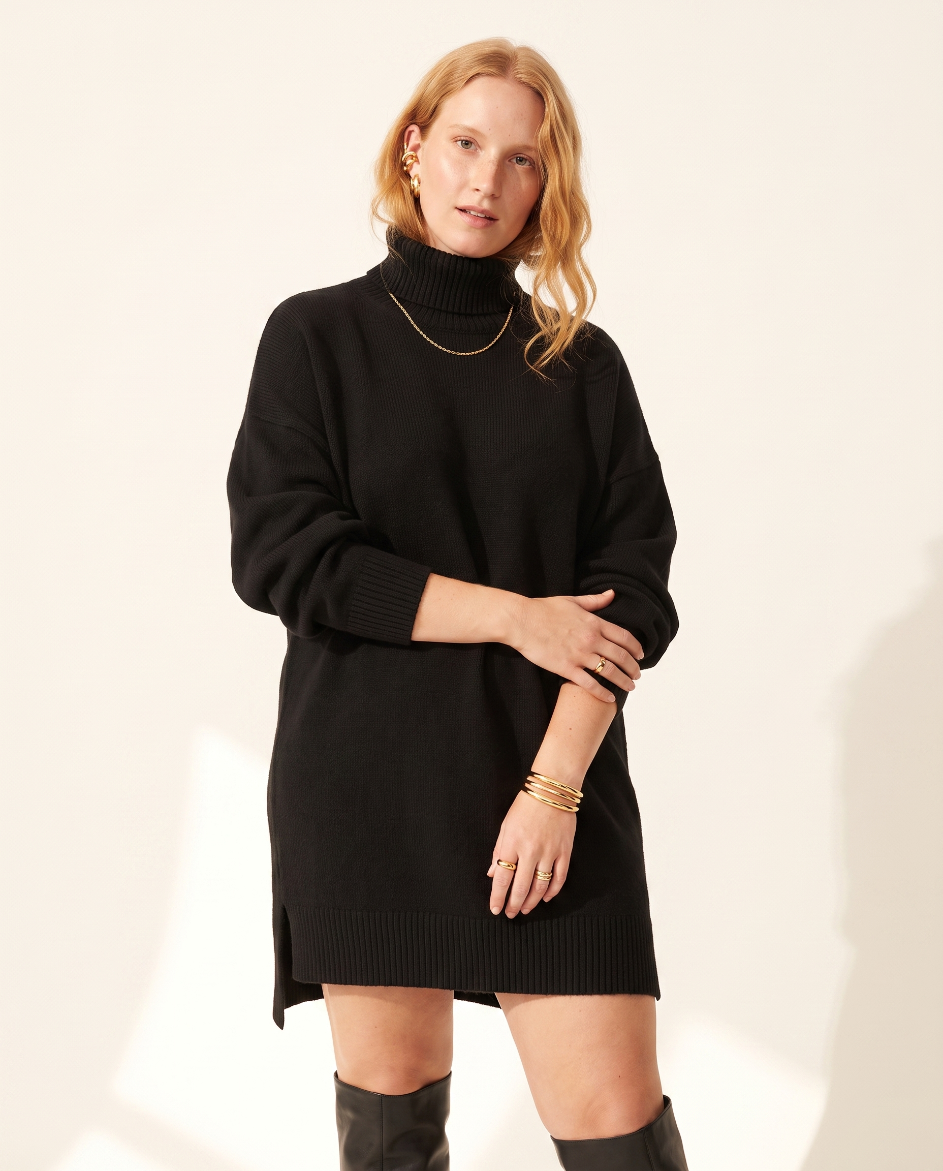 Knit & Loom Split Hem Turtleneck Dress in Black