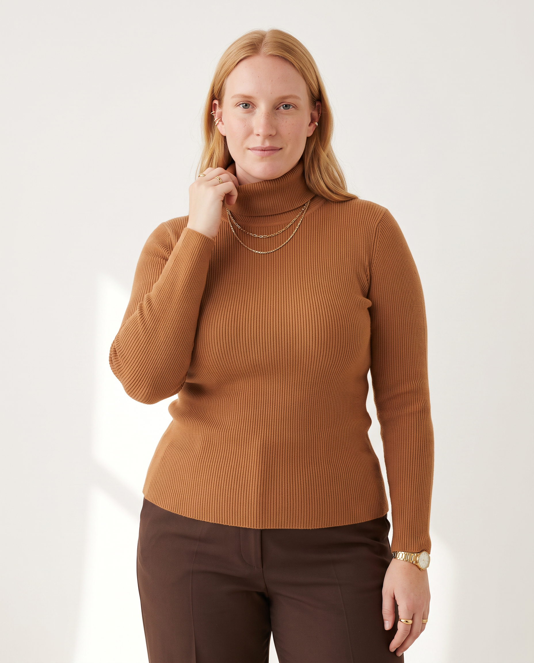 Knit & Loom Fine Rib Roll Neck in Caramel