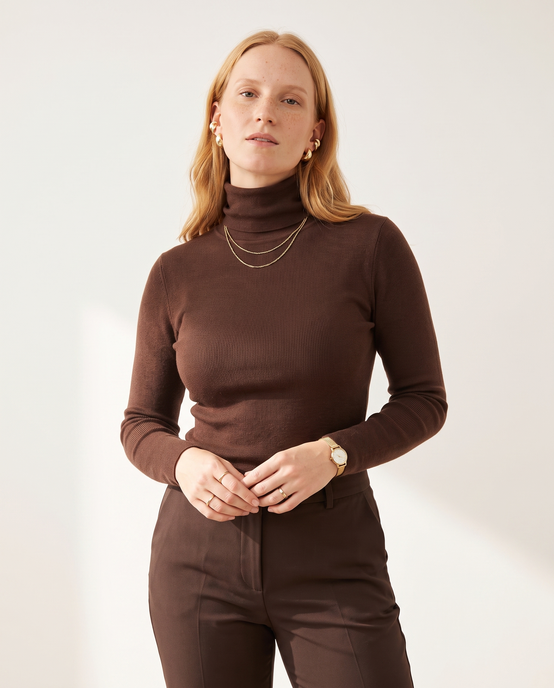 Knit & Loom Fine Rib Roll Neck in Brown