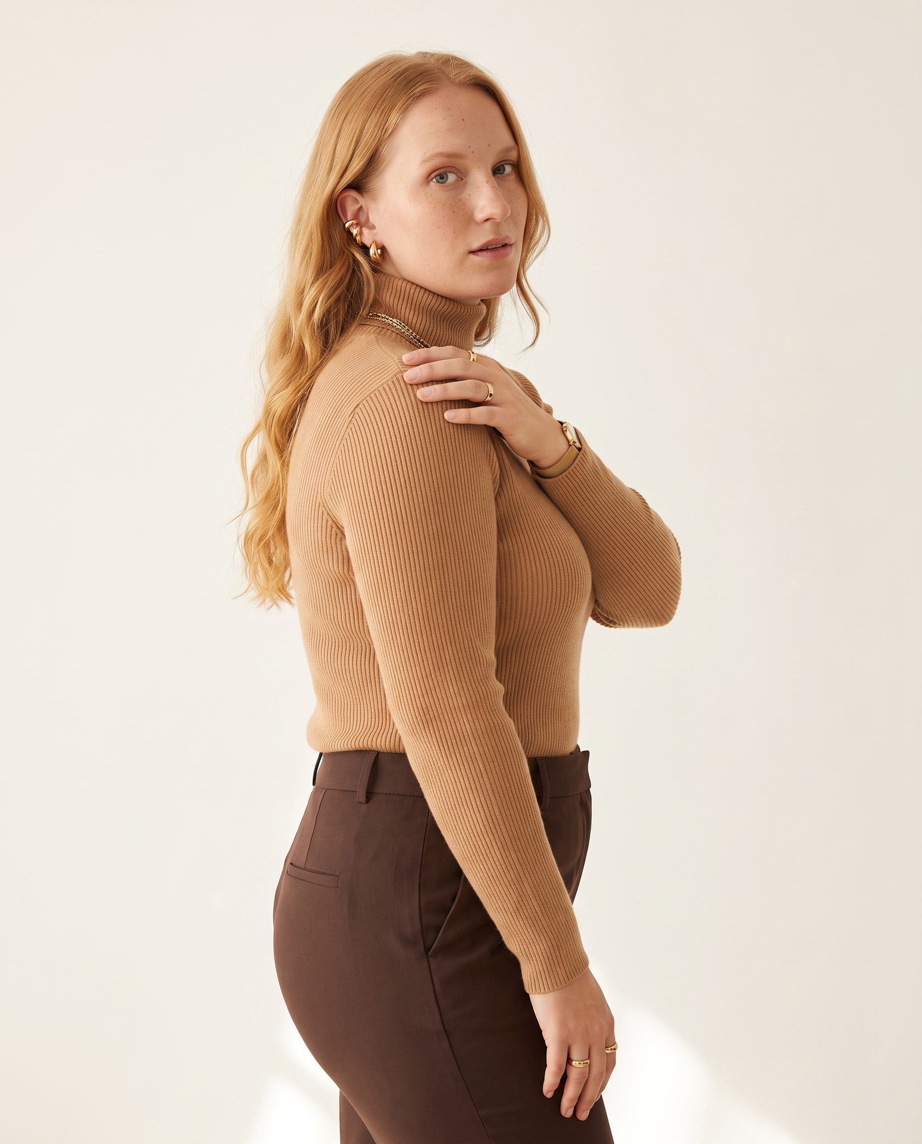 Knit & Loom Fine Rib Roll Neck in Golden Camel