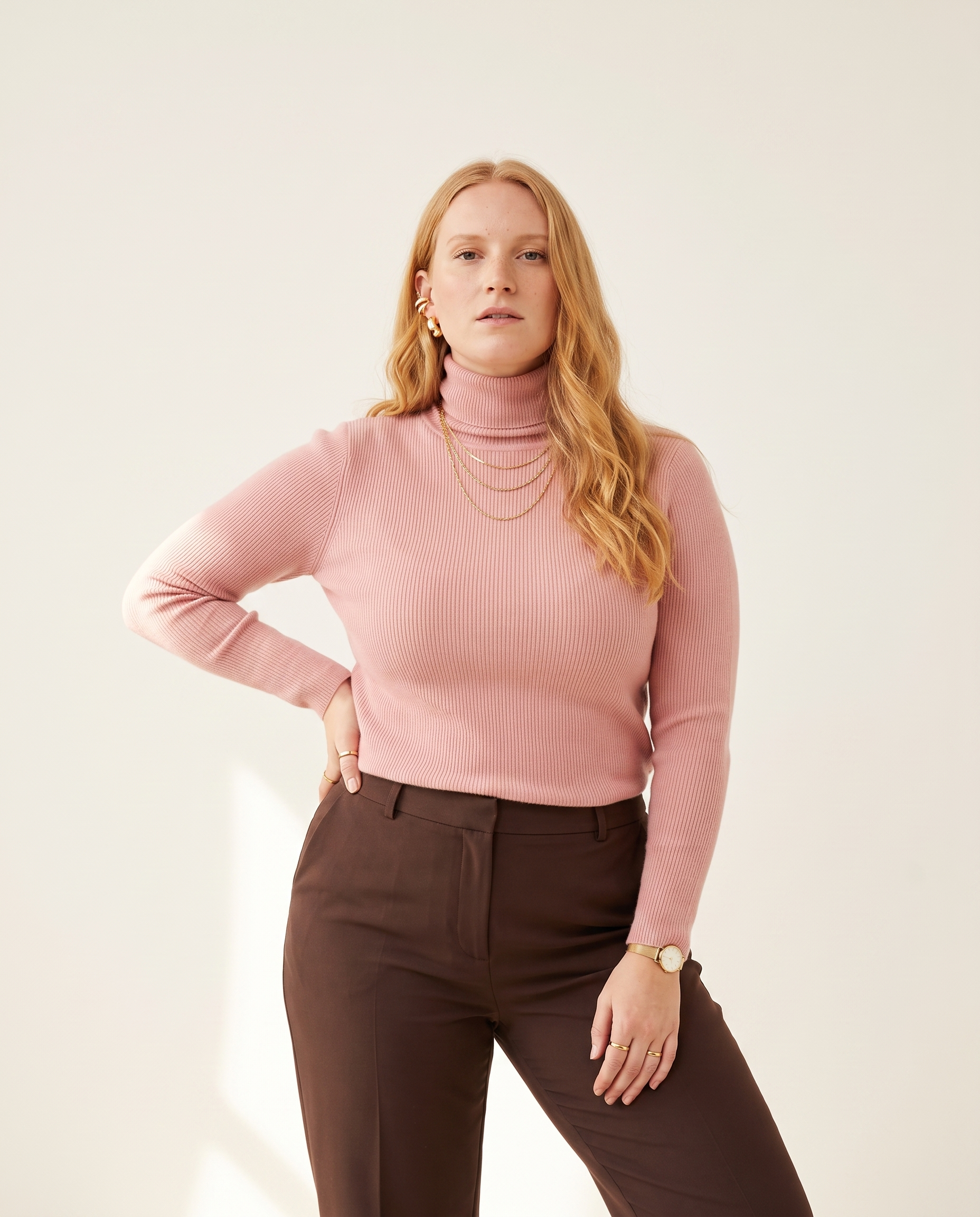 Knit & Loom Fine Rib Roll Neck in Blush