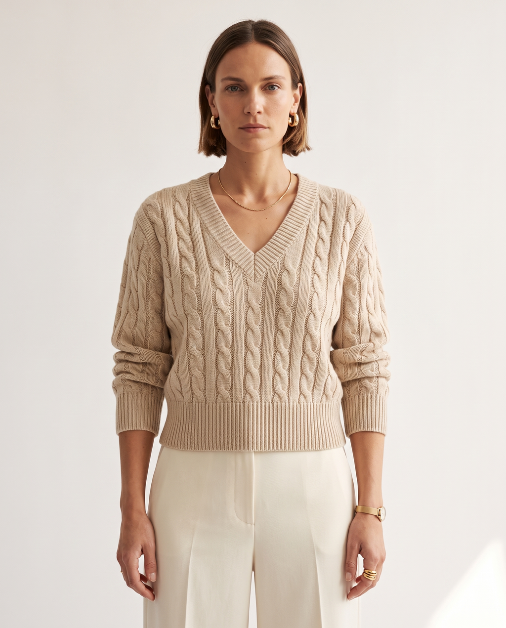 Knit & Loom Cable V-Neck in Beige