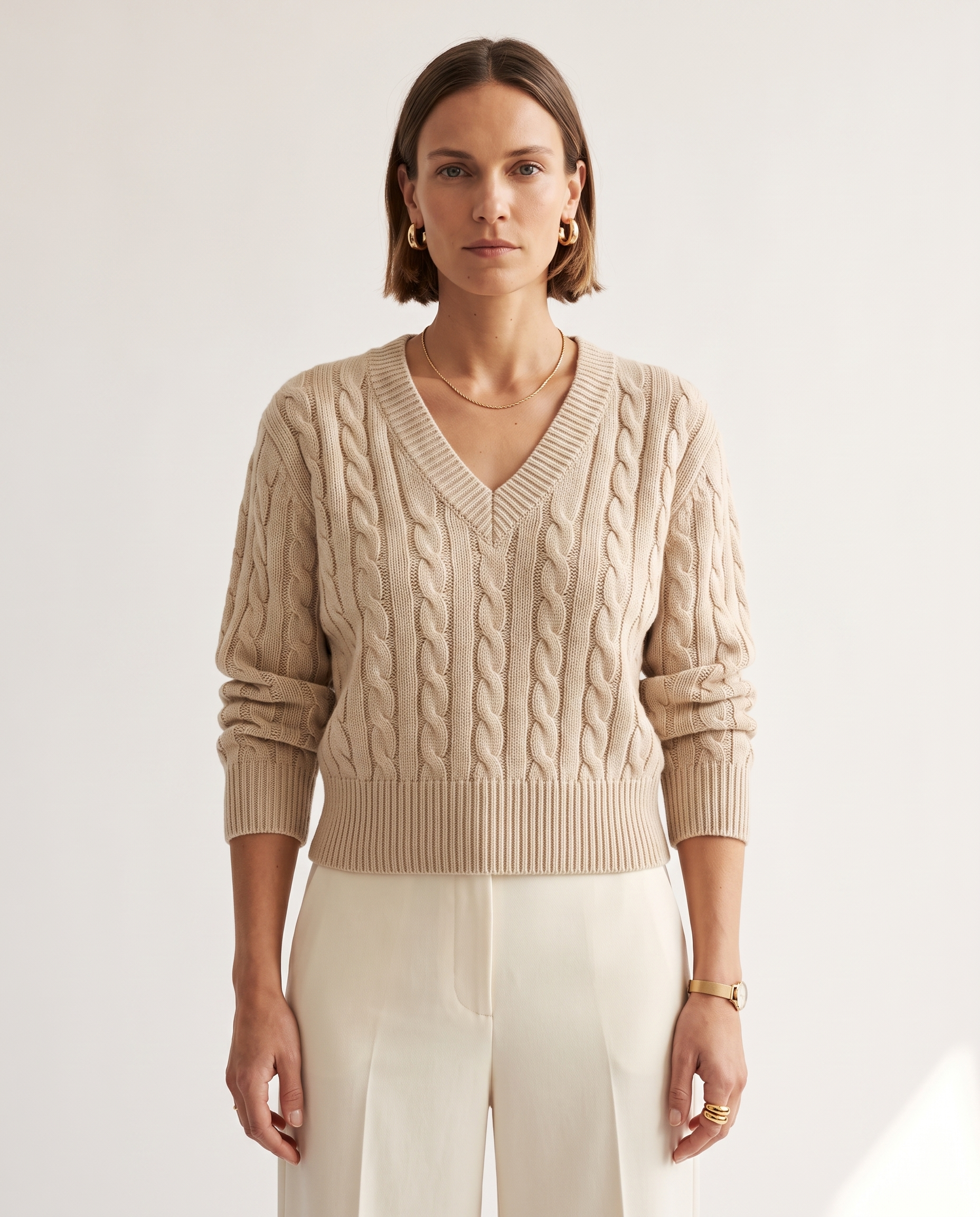 Knit & Loom Cable V-Neck in Beige