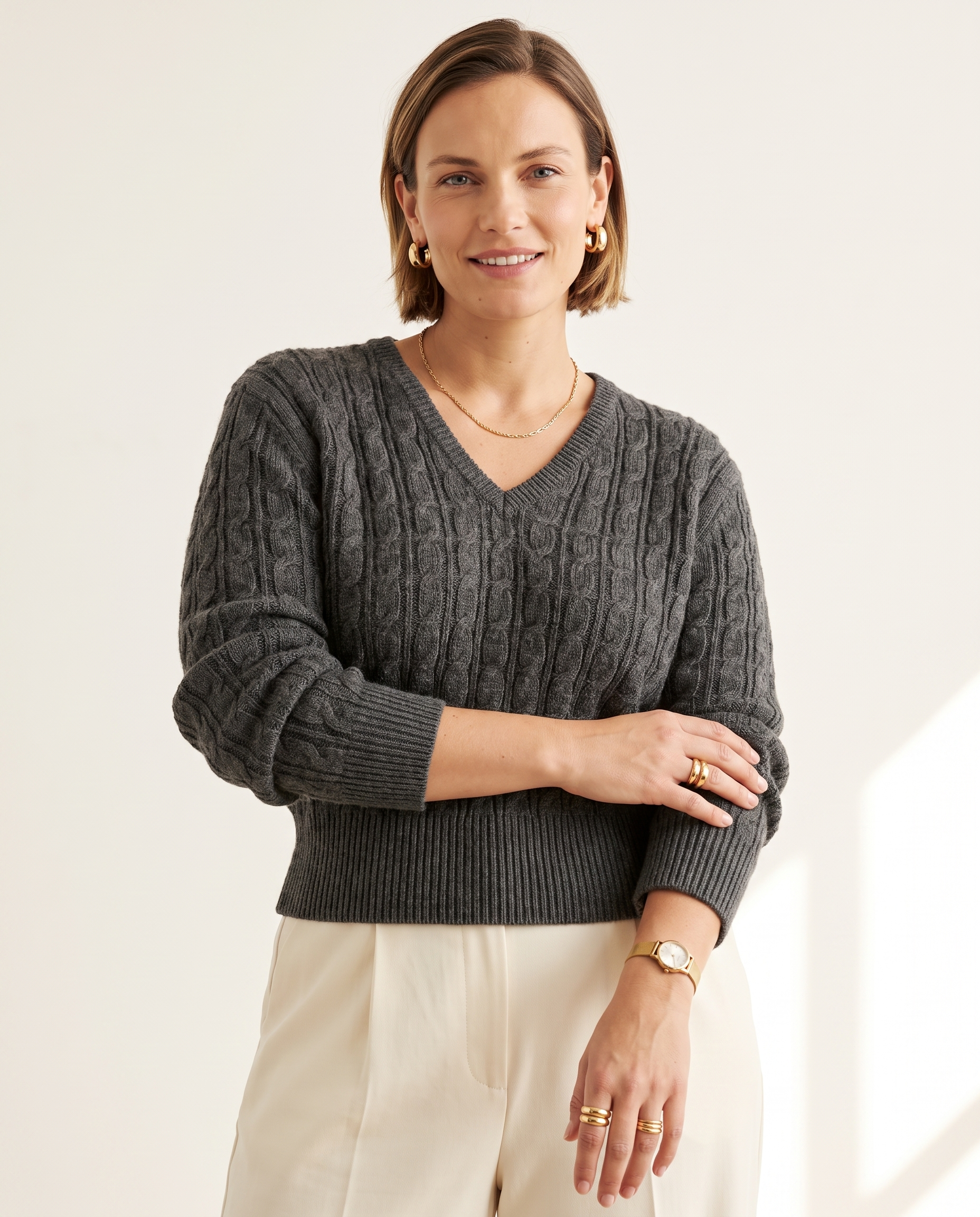 Knit & Loom Cable V-Neck in Charcoal Grey