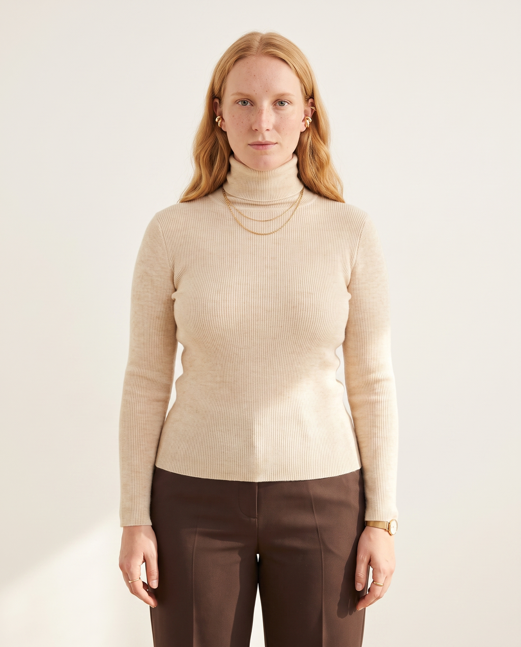 Knit & Loom Fine Rib Roll Neck in Beige