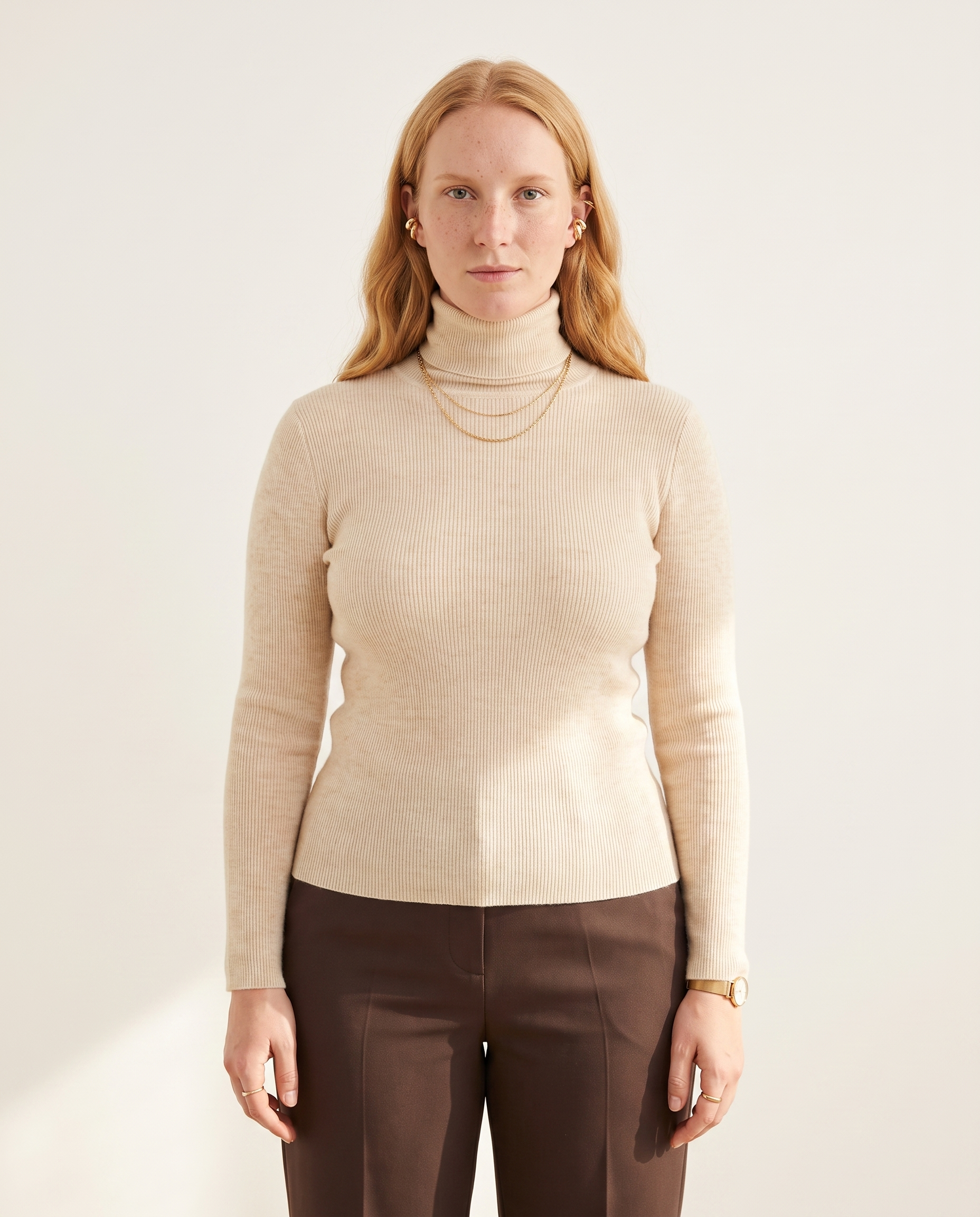 Knit & Loom Fine Rib Roll Neck in Beige
