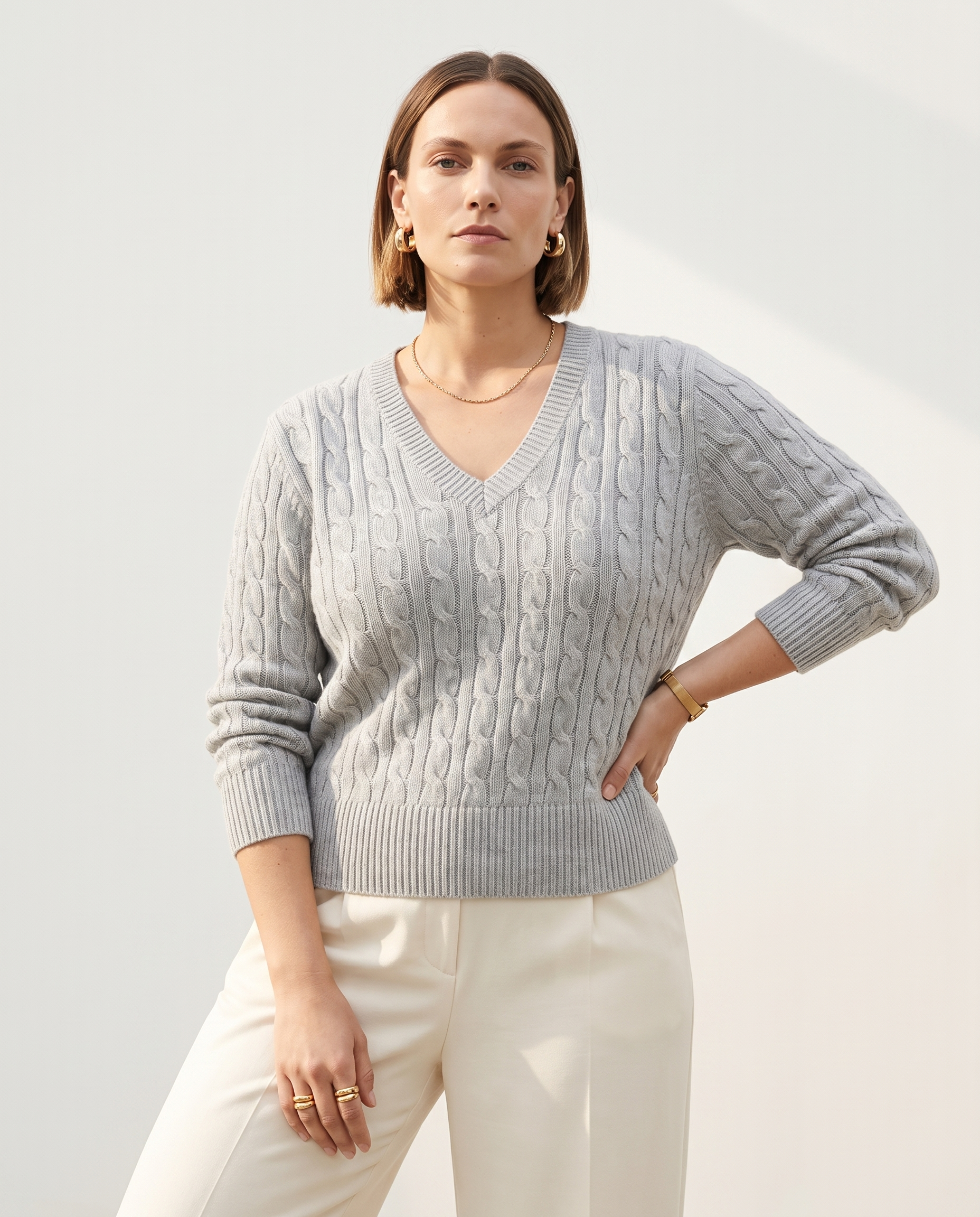 Knit & Loom Cable V-Neck in Light Grey