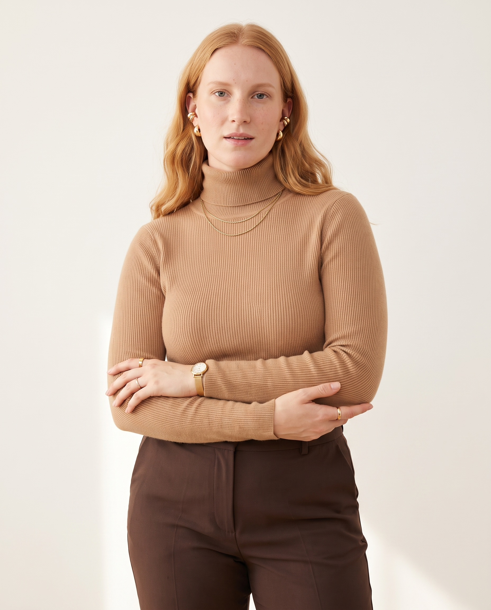 Knit & Loom Fine Rib Roll Neck in Camel