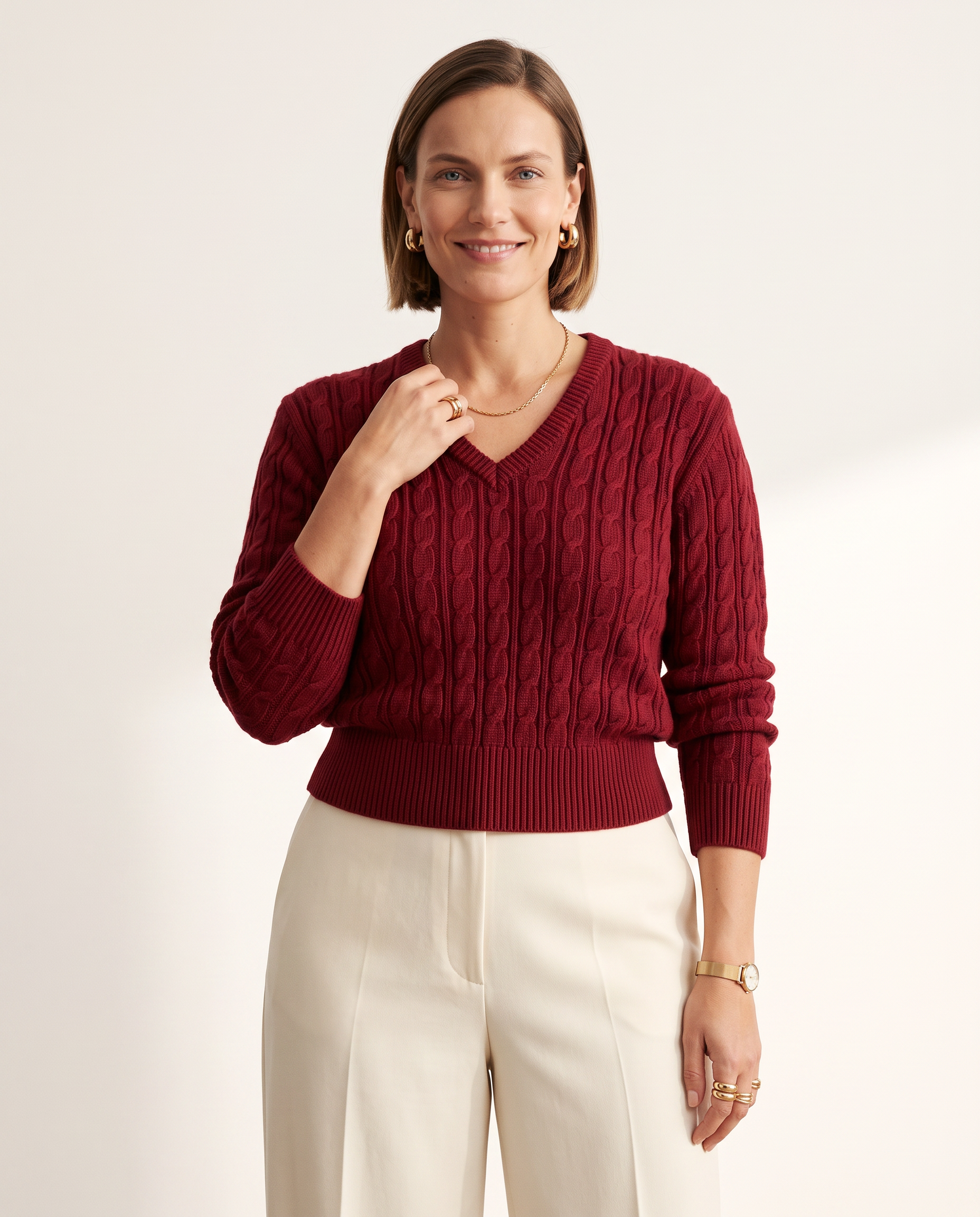 Knit & Loom Cable V-Neck in Red