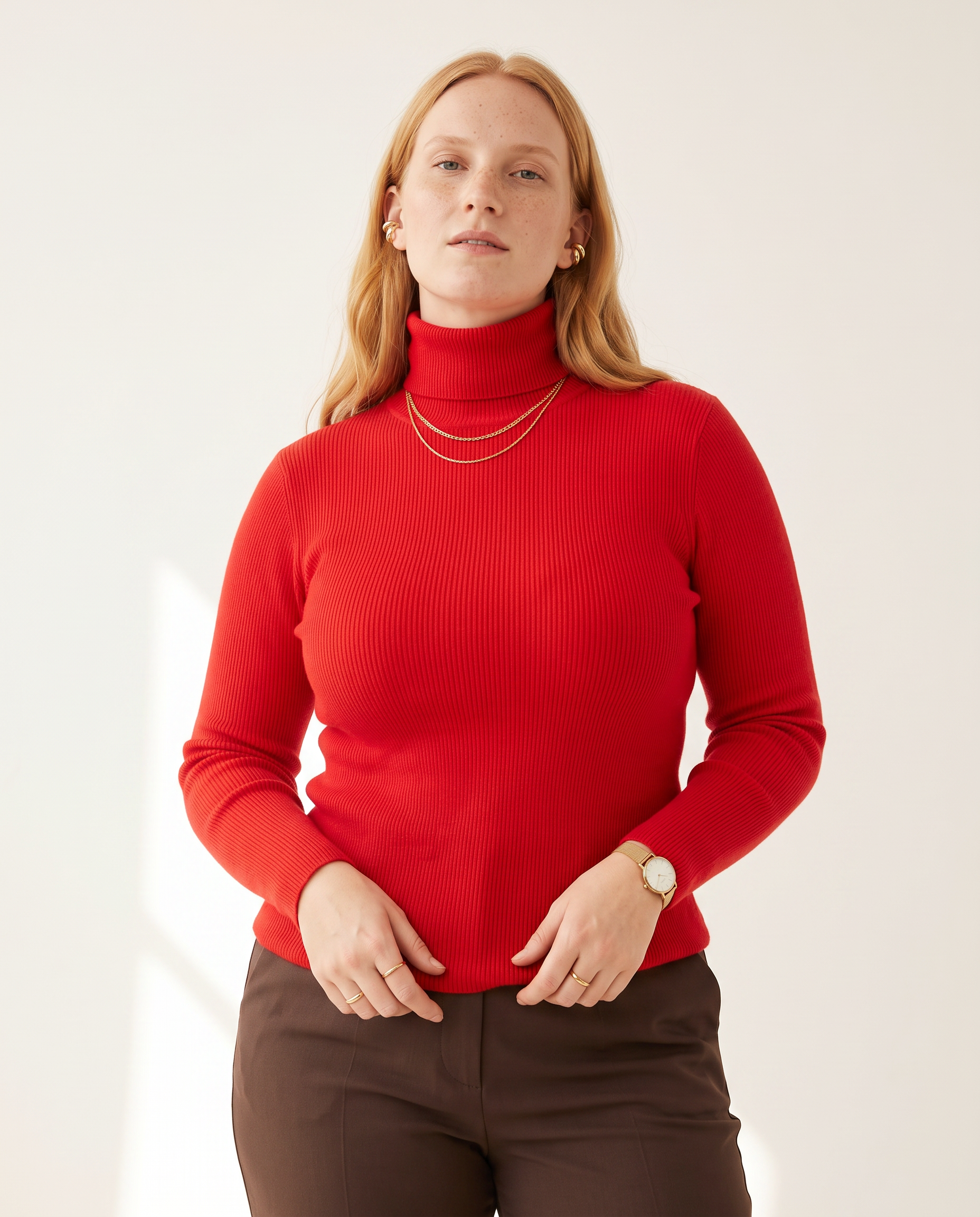 Knit & Loom Fine Rib Roll Neck in Red