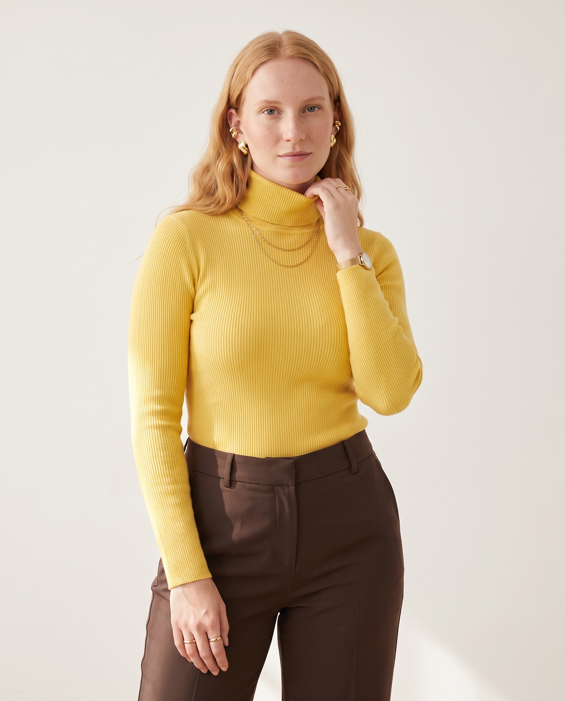Knit & Loom Fine Rib Roll Neck in Yellow