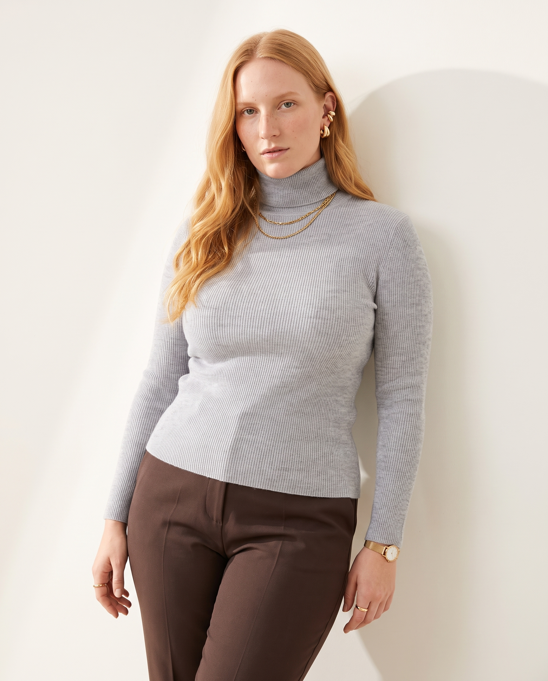 Knit & Loom Fine Rib Roll Neck in Light Grey