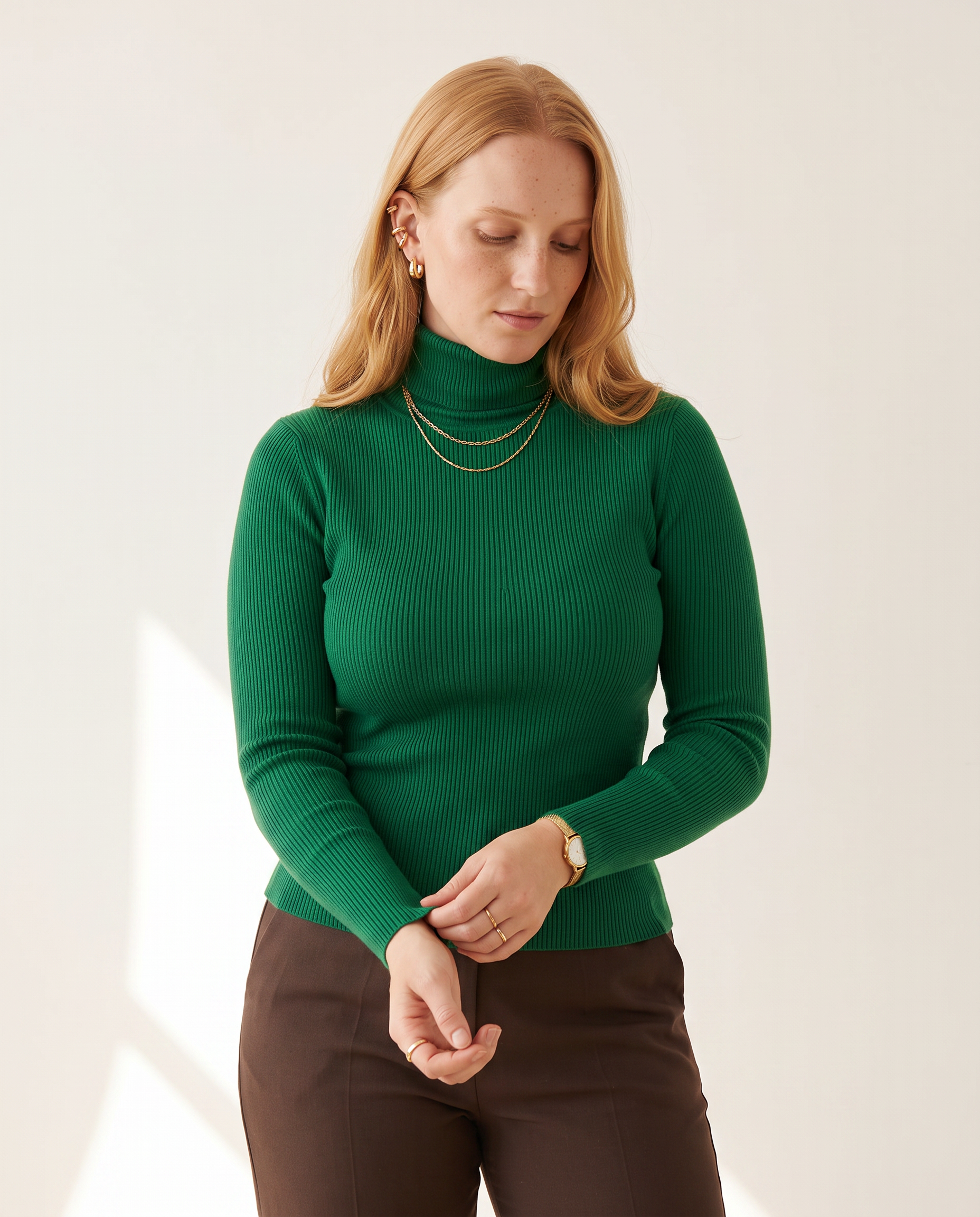 Knit & Loom Fine Rib Roll Neck in Green