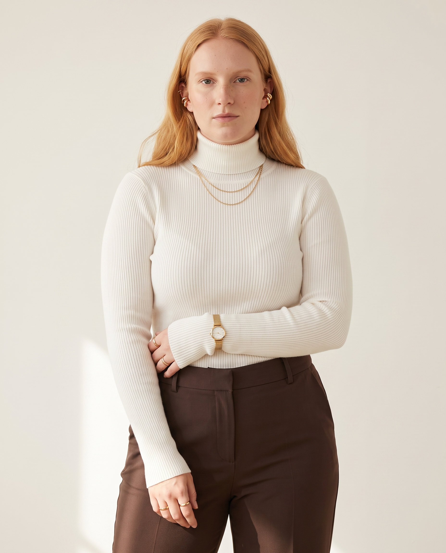 Knit & Loom Fine Rib Roll Neck in White