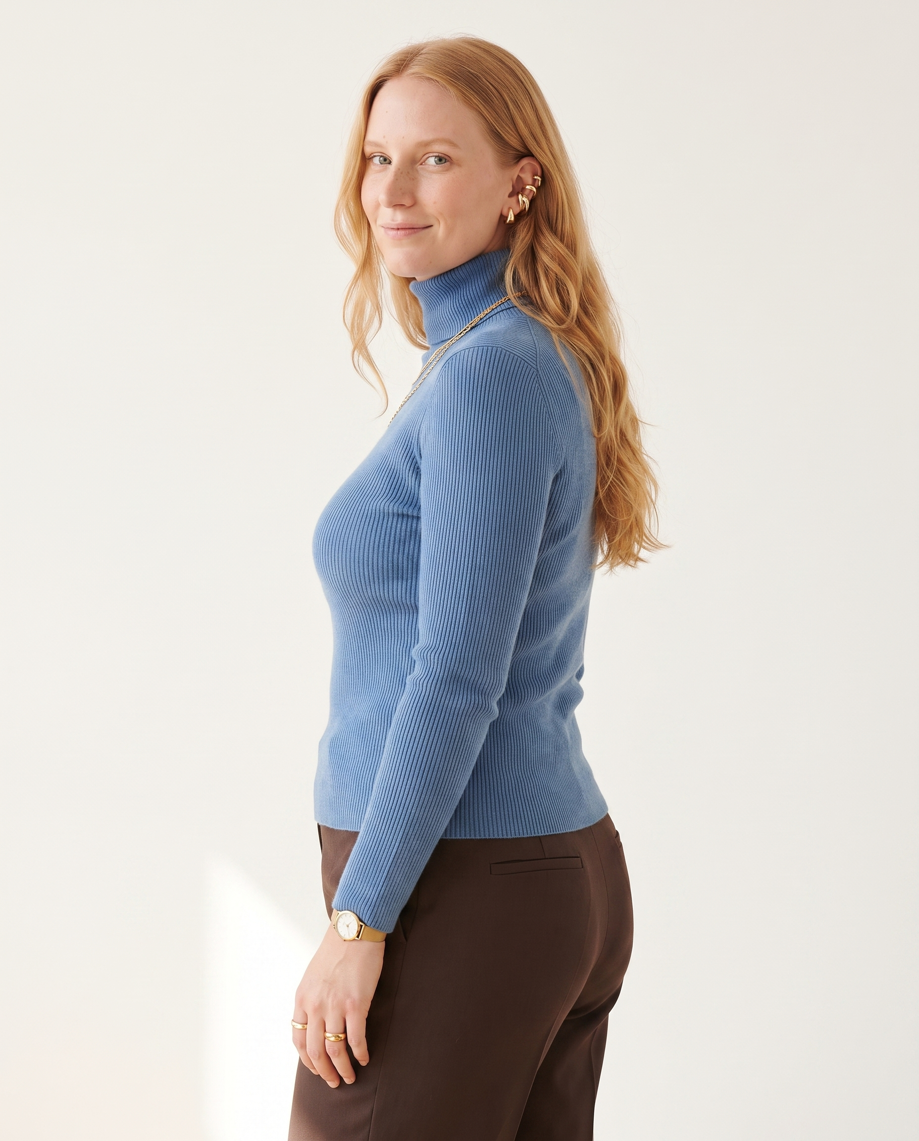 Knit & Loom Fine Rib Roll Neck in Haze Blue