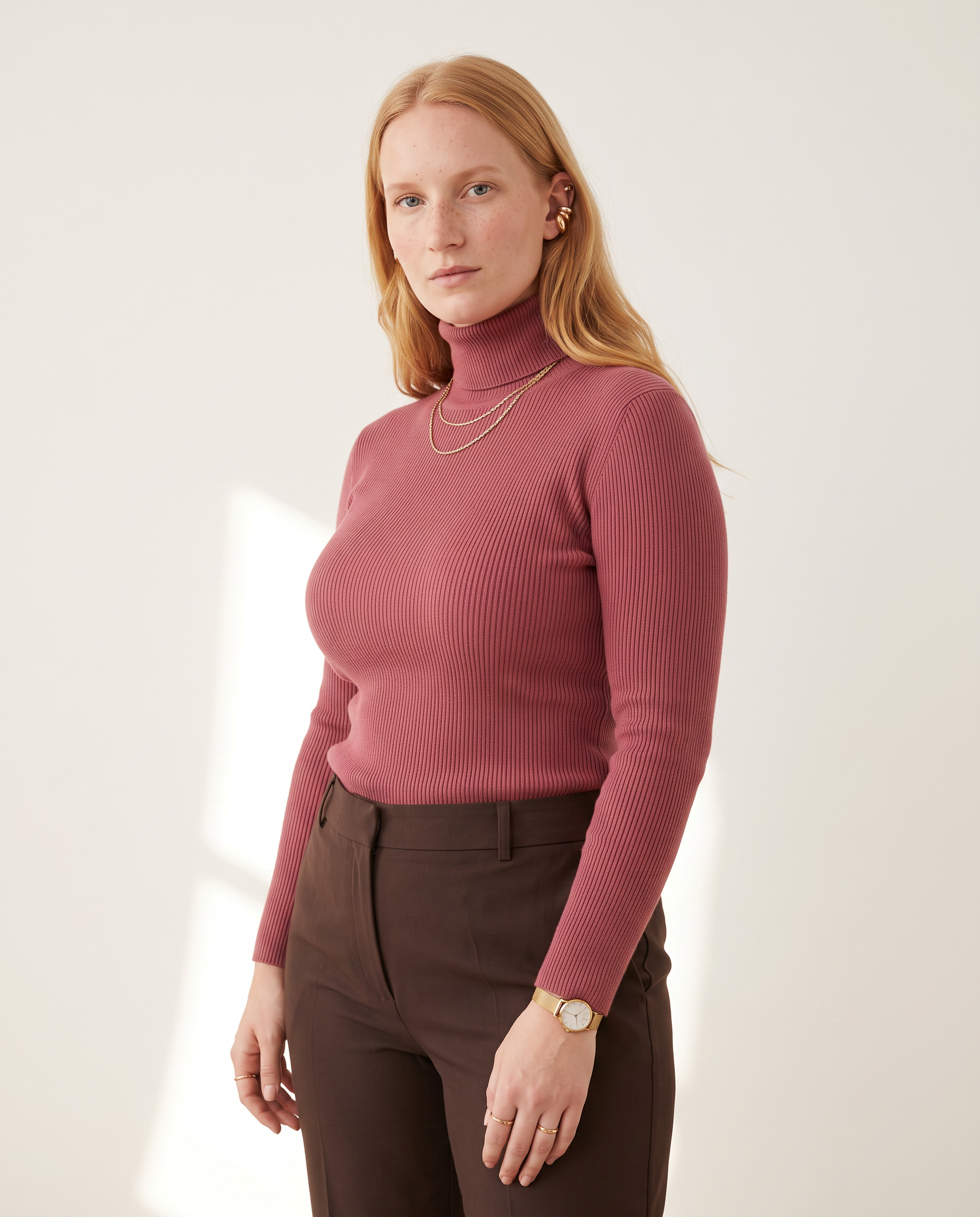 Knit & Loom Fine Rib Roll Neck in Cameo Red