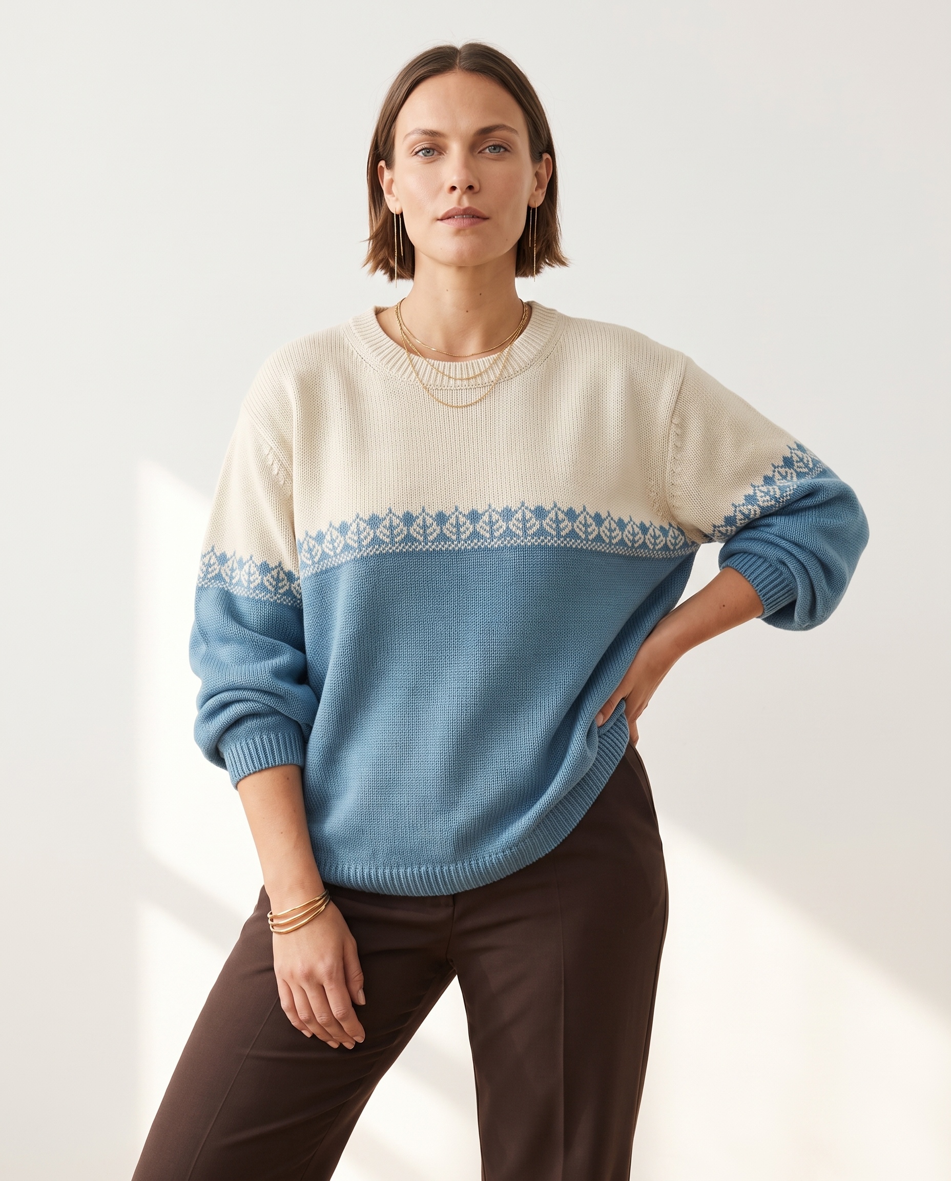 Knit & Loom Colourblock Nordic Sweater in Blue