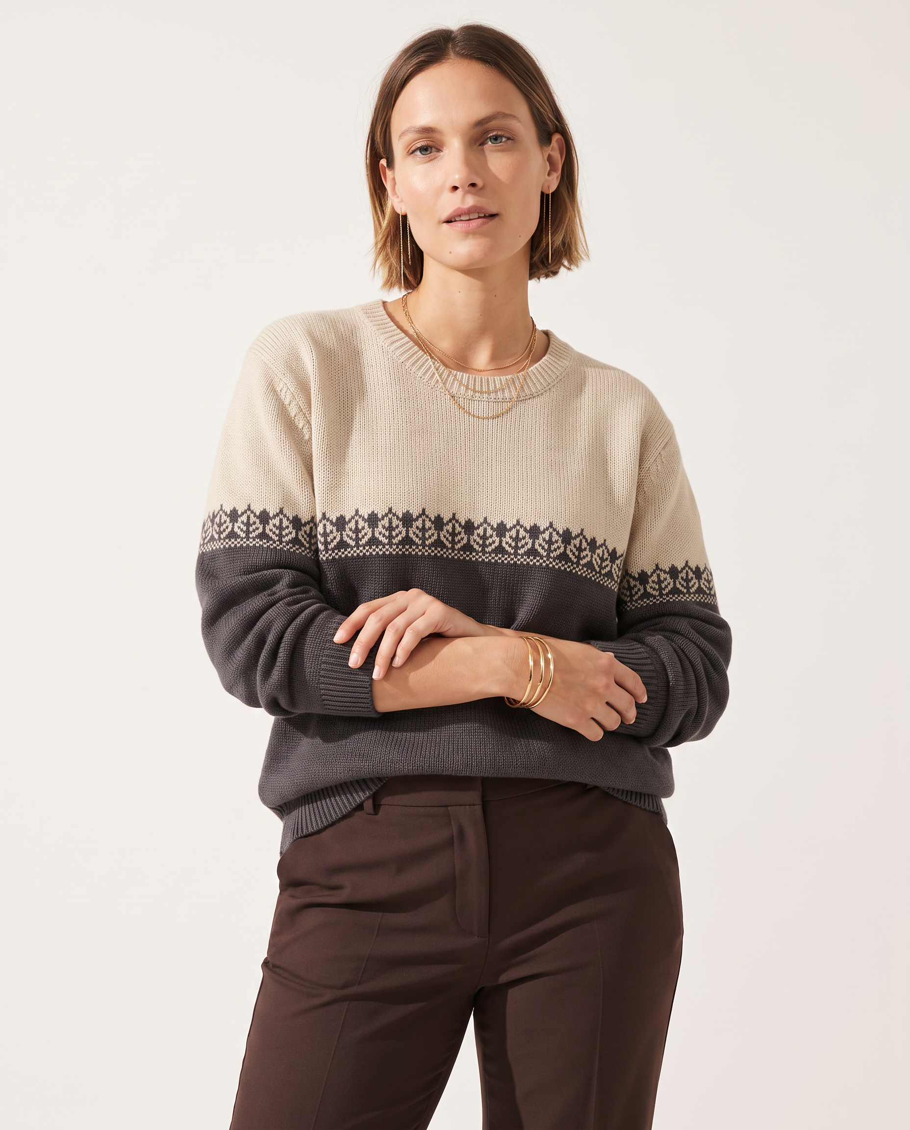 Knit & Loom Colourblock Nordic Sweater in Grey