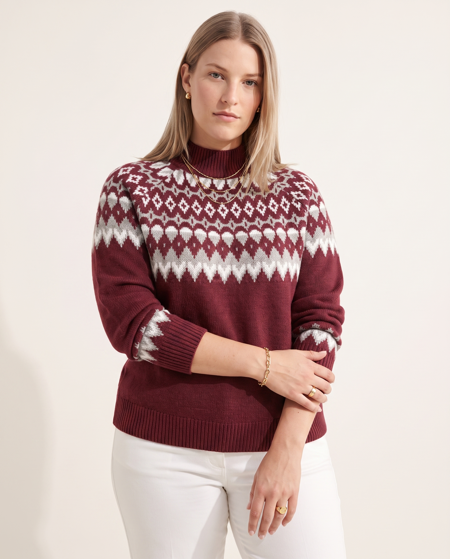 Knit & Loom Nordic Diamond Sweater in Wine Red