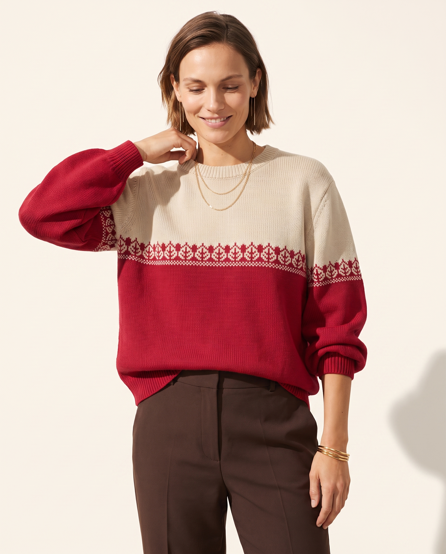 Knit & Loom Colourblock Nordic Sweater in Red