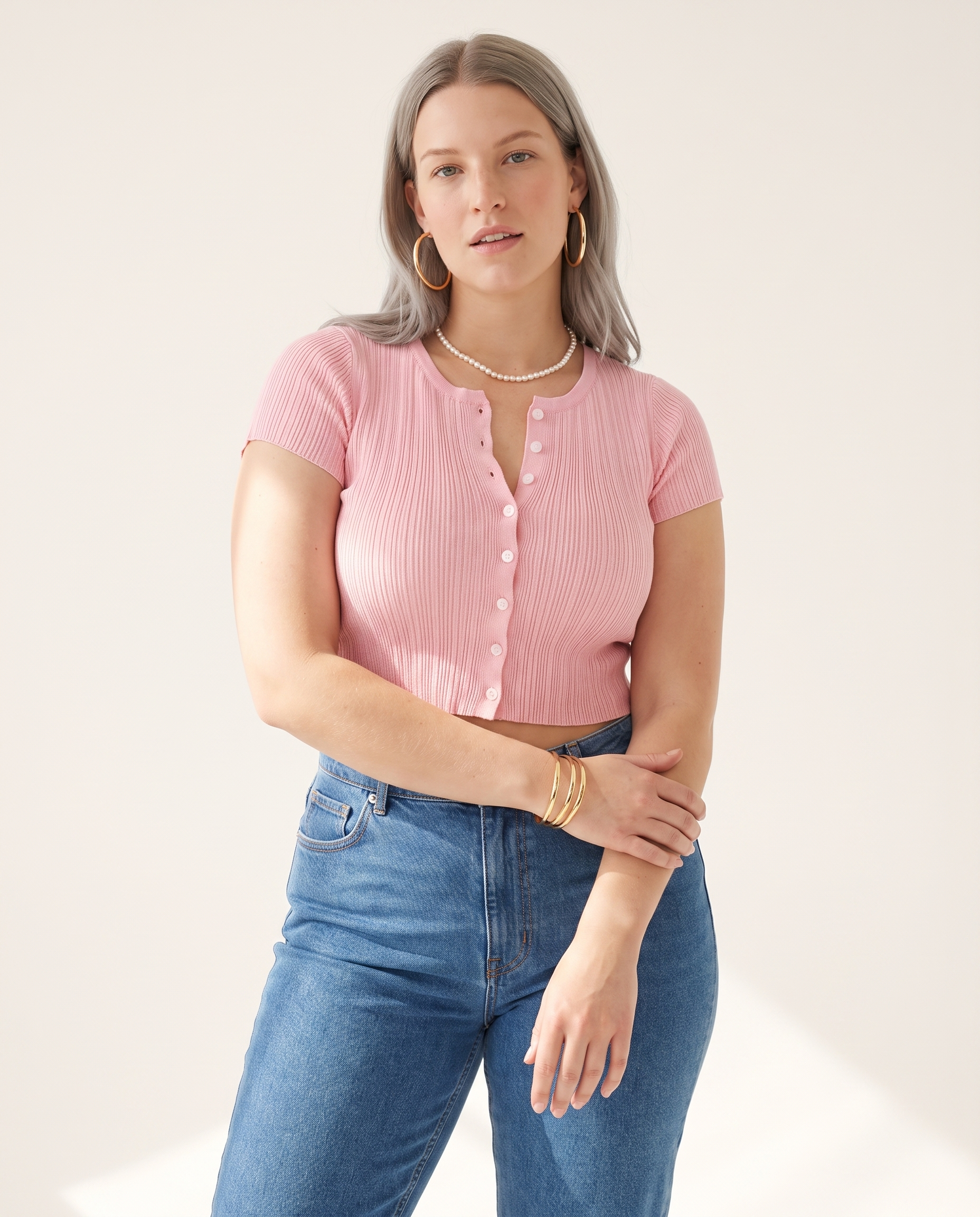 Knit & Loom Ribbed Button Top in Pink