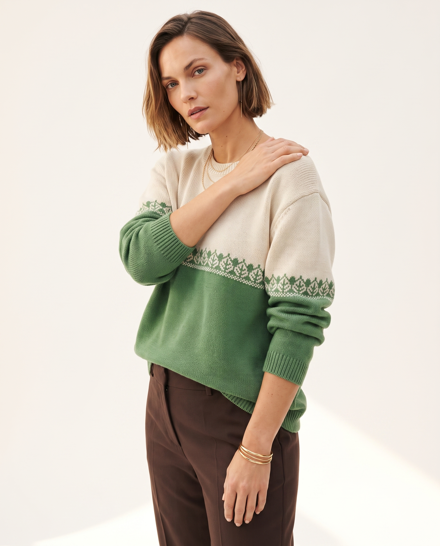 Knit & Loom Colourblock Nordic Sweater in Green
