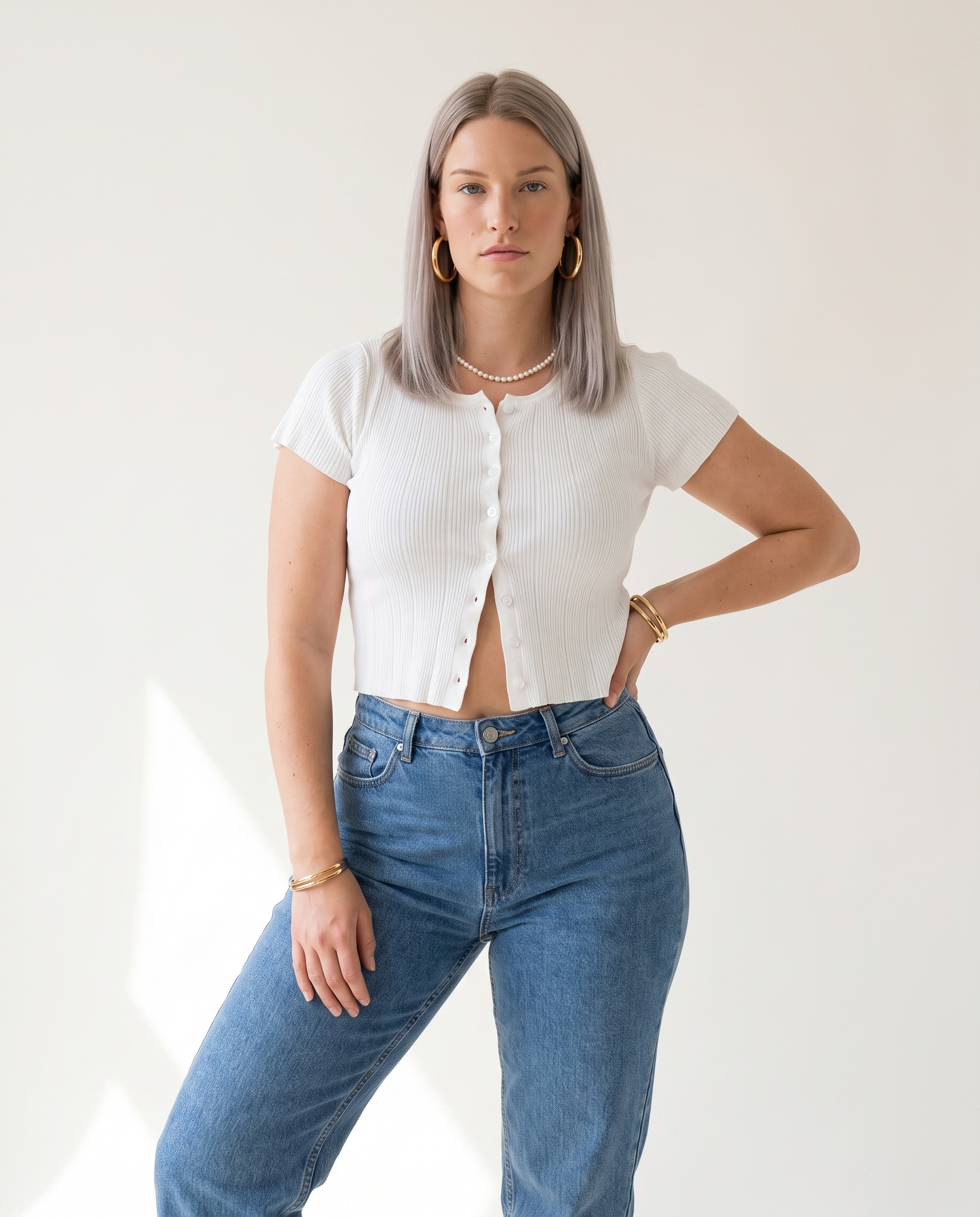 Knit & Loom Ribbed Button Top in White