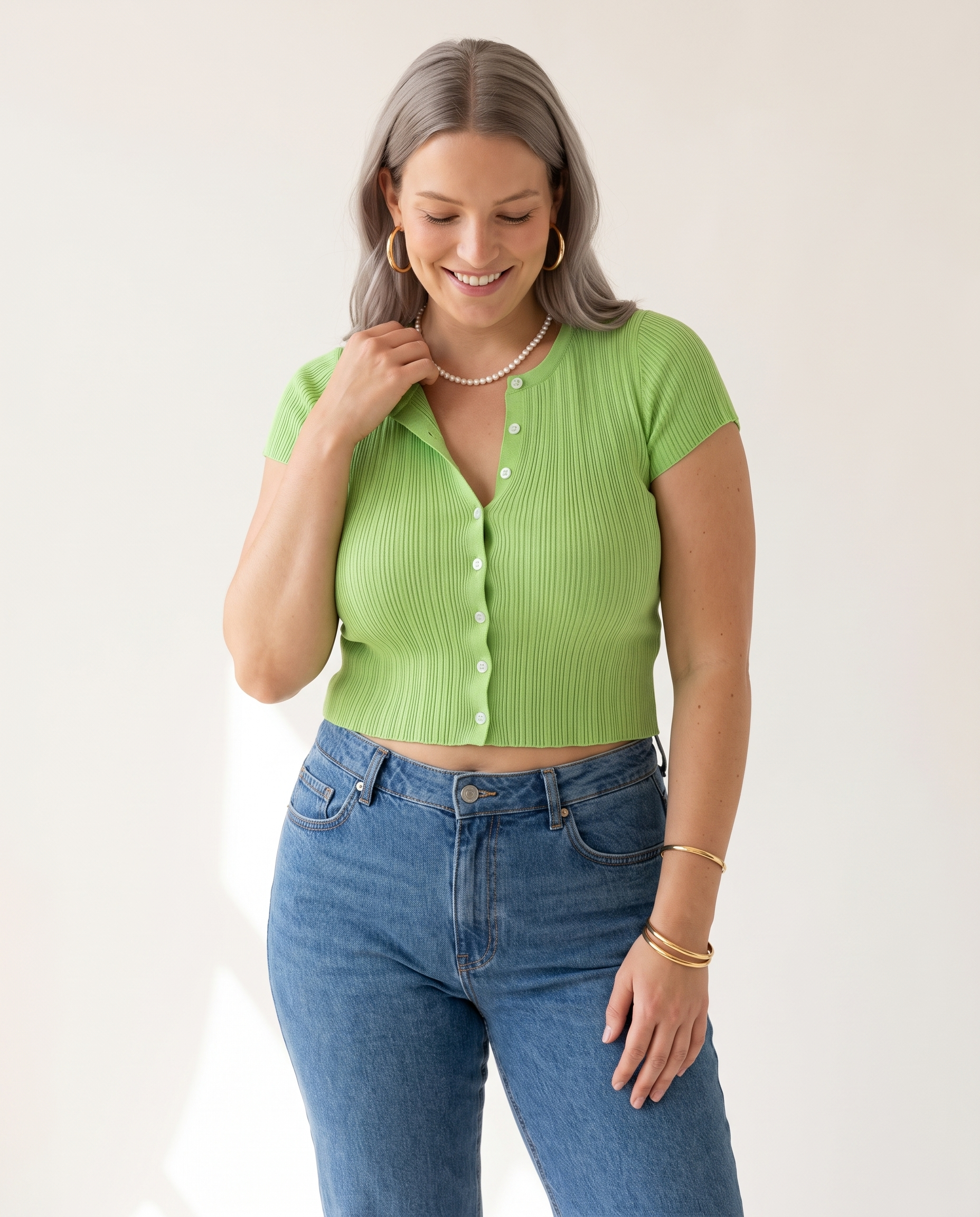 Knit & Loom Ribbed Button Top in Green