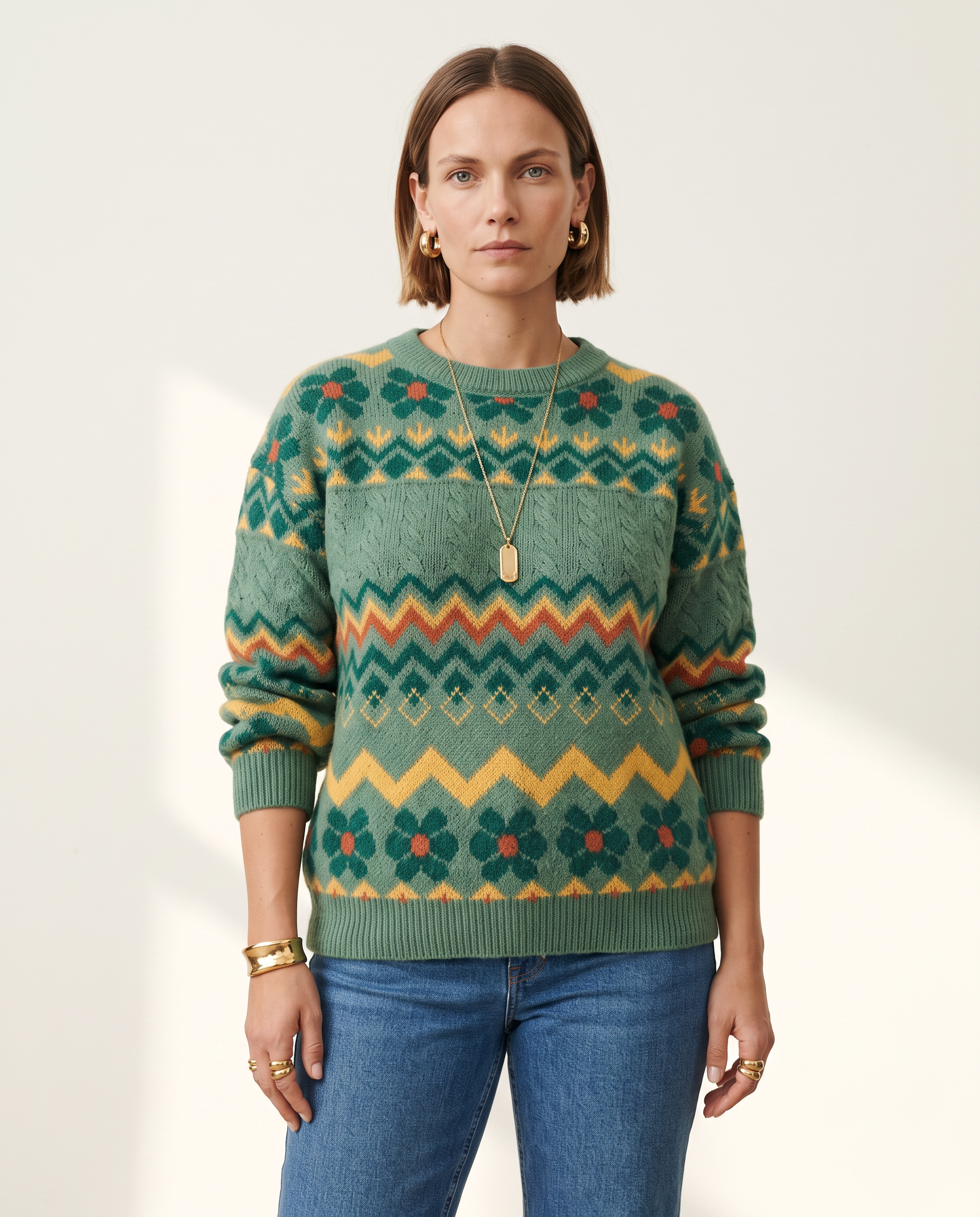 Knit & Loom Zigzag Fair Isle Sweater in Green