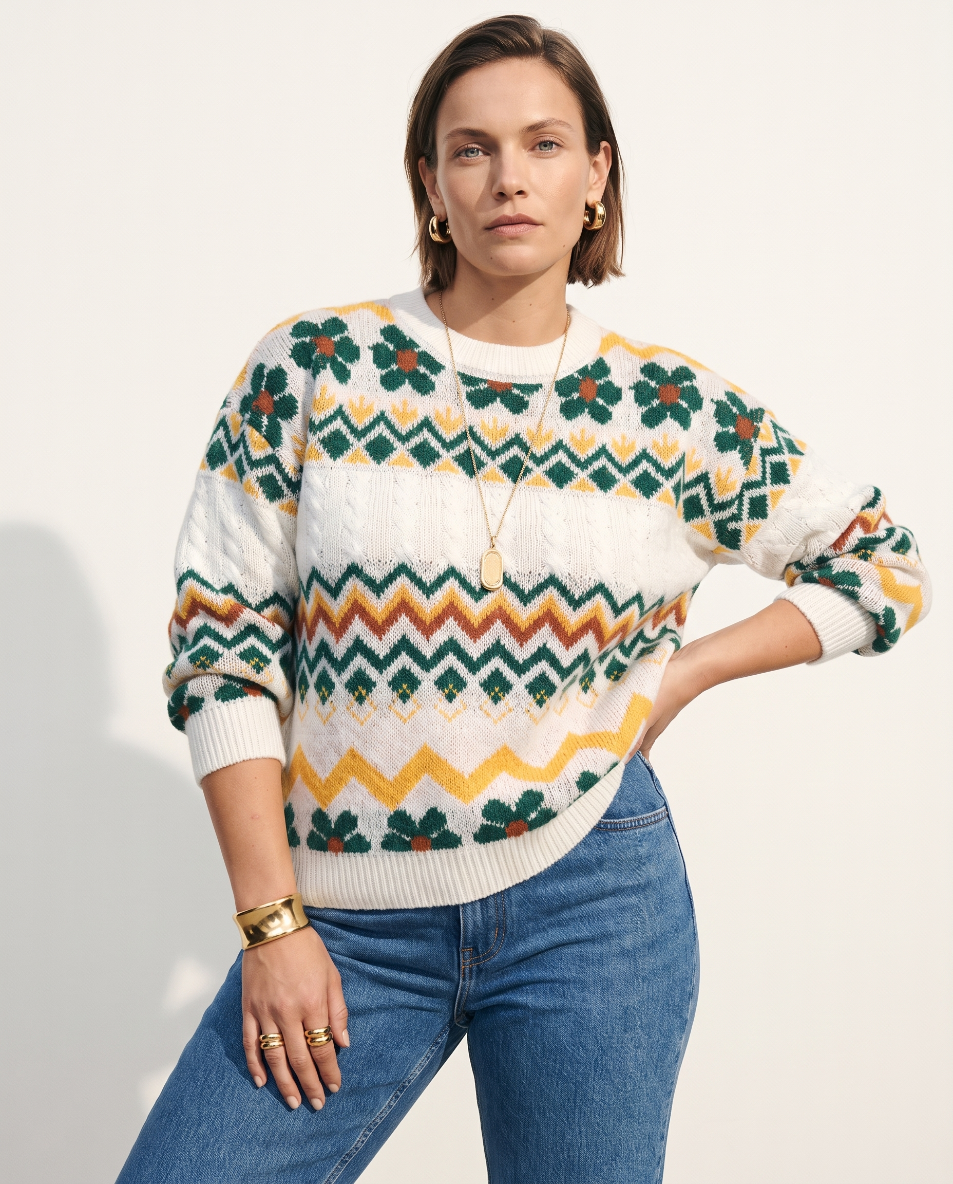 Knit & Loom Zigzag Fair Isle Sweater in White